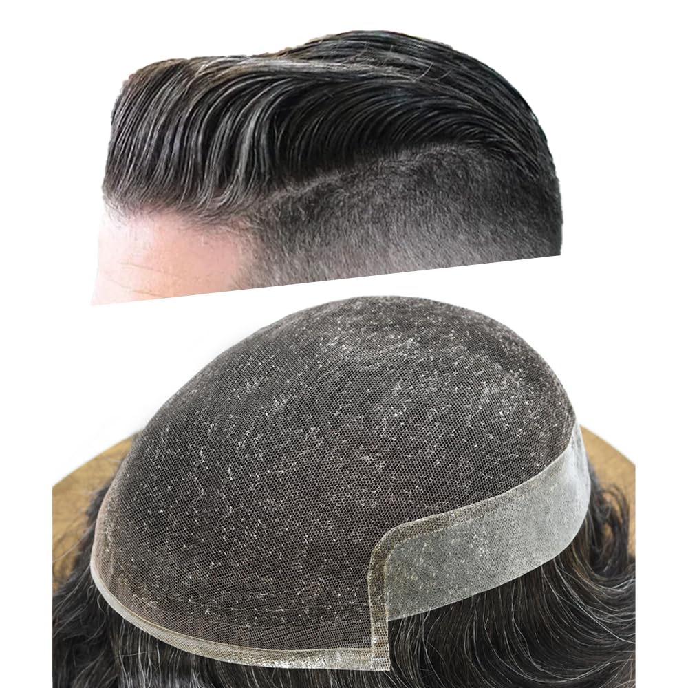 Healthlif Mens Toupee French Lace Front Natural Hairline Hair Pieces for Men Hair Replacement System For Men Toupee 100% European Human Hair Piece8x10-100% density#1B30#1B OFF BLACK+30% GREY