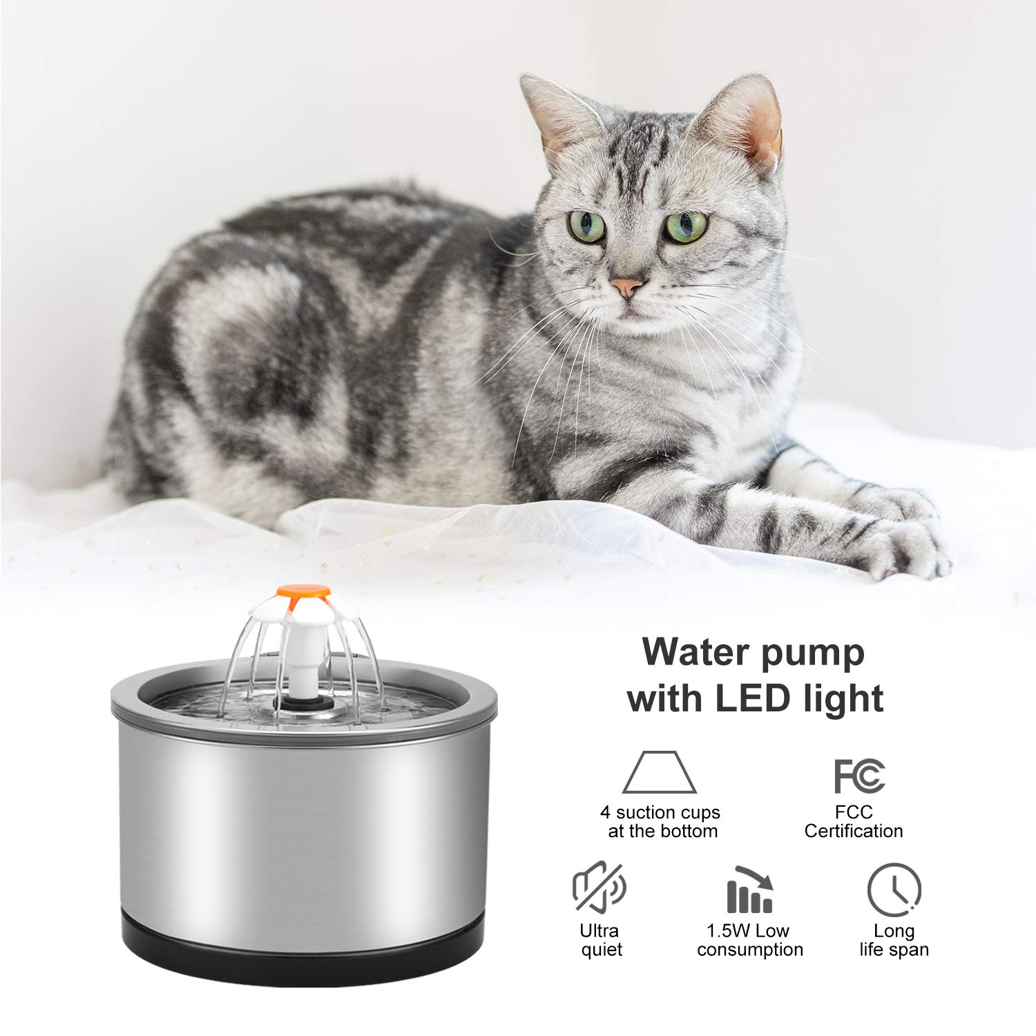 Buy Vekonn Cat Fountain Stainless Steel with LED Light, 2.5L/84oz Pet Water Fountain, 3 Ways to