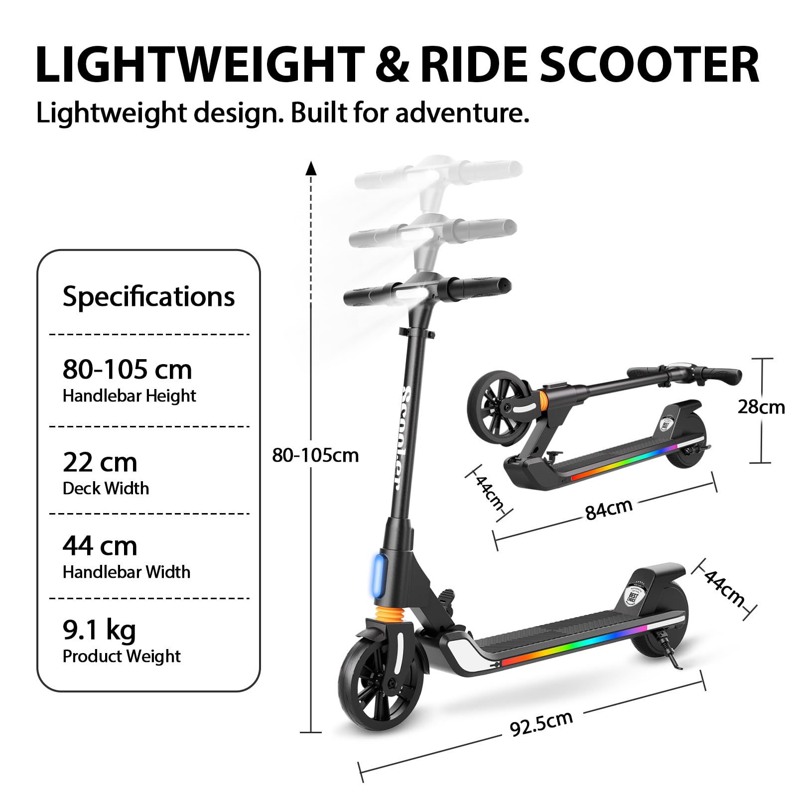 Trottinette Electrique Enfant, pour Enfants 8-16, 200W, Réglable en Hauteur, Max 20 km/h, Double Frein, Amortisseur Avant, Lumières LED Colorées, Affichage LED, Pliable et Légère.