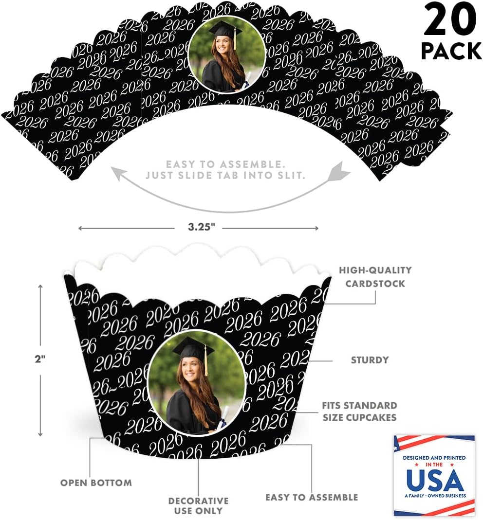 Andaz Press Personalized Class of 2026 Cupcake Wrappers with Custom Photo, Class Year, Graduation Decorations 2026, Class of 2026 Decorations, Graduation Decor, Bulk 20 Pack, 2 x 3.25 Inch