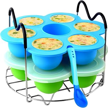 Silicone Egg Bites Mold Set of 4, Steamer Rack with Heat resistant Handle | and Spoon,Reusable Sous Vide Egg Poacher with Lid Fits Instant Pot 5,6,8 qt Pressure Cooker