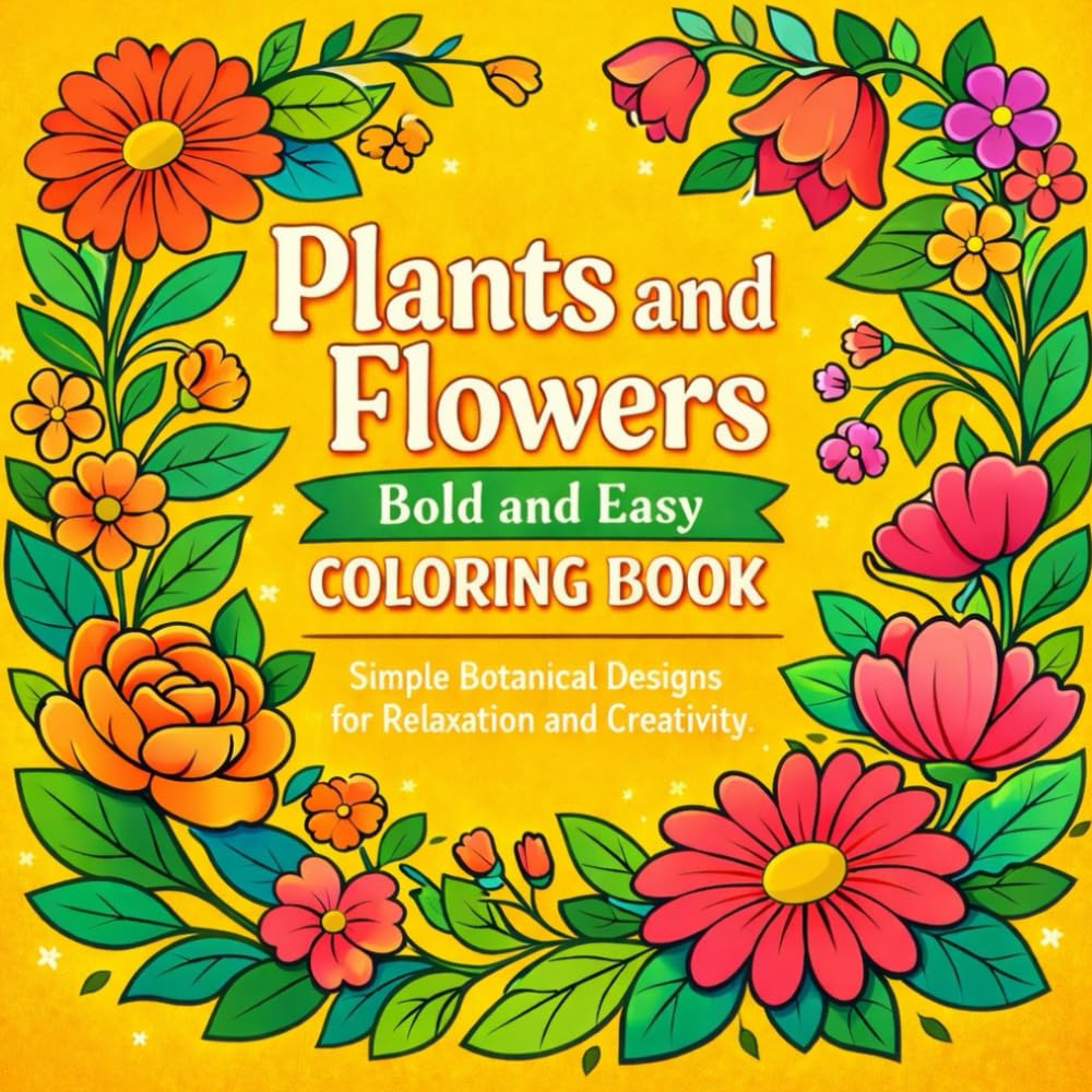 Plants and flowers bold and easy coloring book: Easy Botanical Coloring Pages for Adults, Teens & Beginners – Large Print Stress Relief Designs