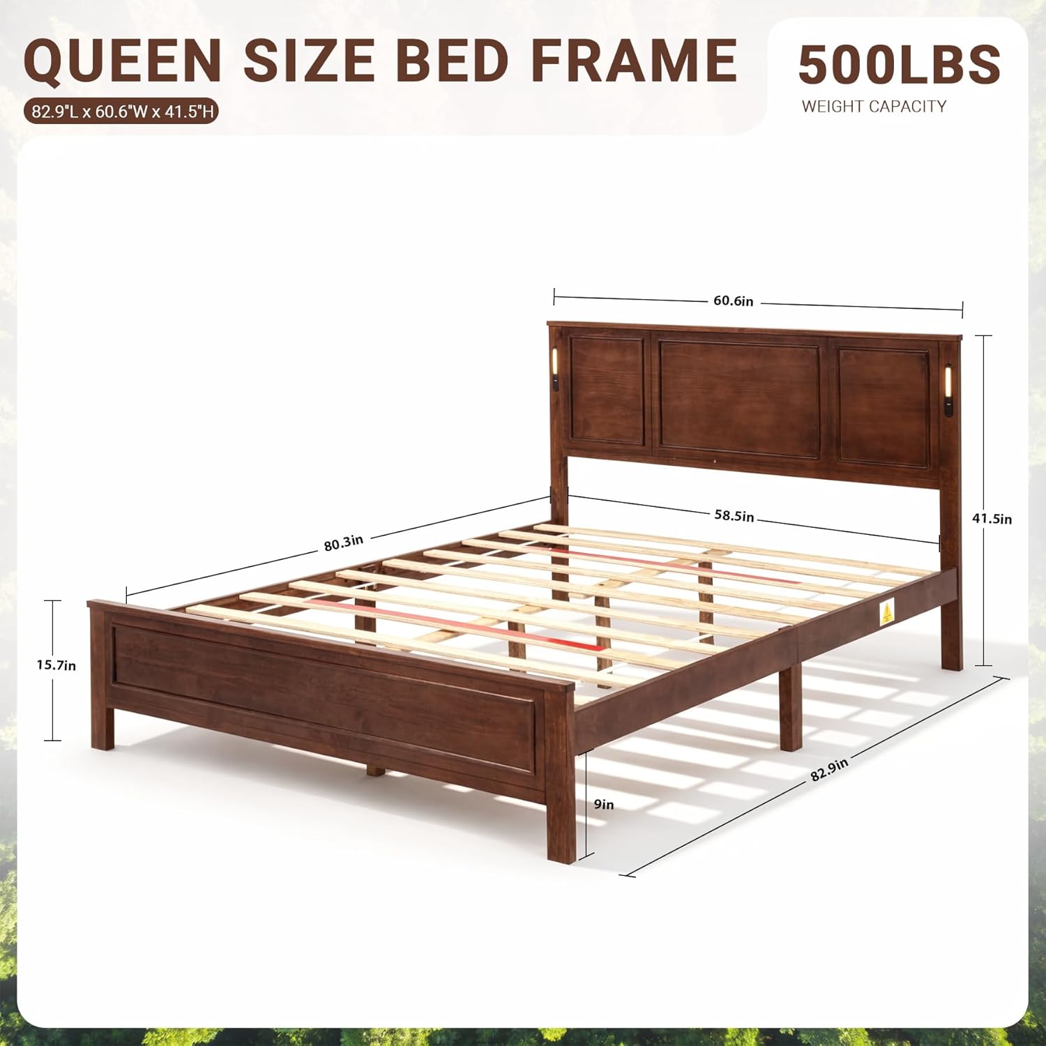 ivoros Queen Bed Frame with Headboard, Queen Size Pinewood Platform Bed Frame with LED Lights and USB Charging Station, 500lb Heavy Duty Support with 10 Reinforced Legs, No Box Spring Needed, Walnut