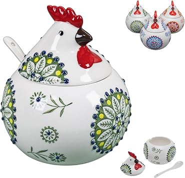 Ceramic Salt Cellar with Lid and Spoon, 13.5 oz Chicken Salt Jar for Countertop, Rooster Salt Holder for Salt, Sugar, Spices, Coffee, Farmhouse Kitchen Decor, Green