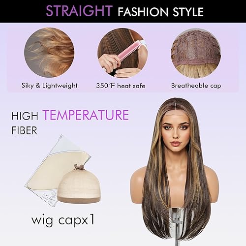 Miniatura 5 de testar Peluca con diadema hasta el hombro, pelucas rectas para mujeres negras, peluca marrón mixta rubia, peluca sintética sin pegamento, cabello