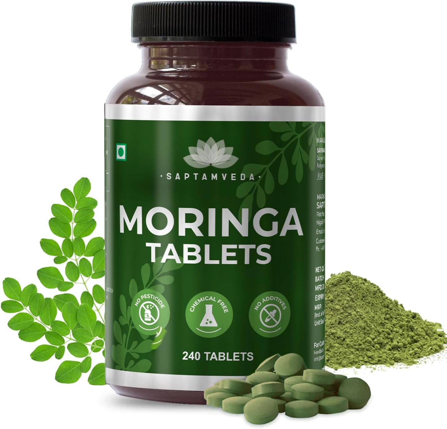 SAPTAMVEDA Organic Moringa Tablets, Drumstick Leaf Tablets 240 Tablets, 500mg | 100% Organic