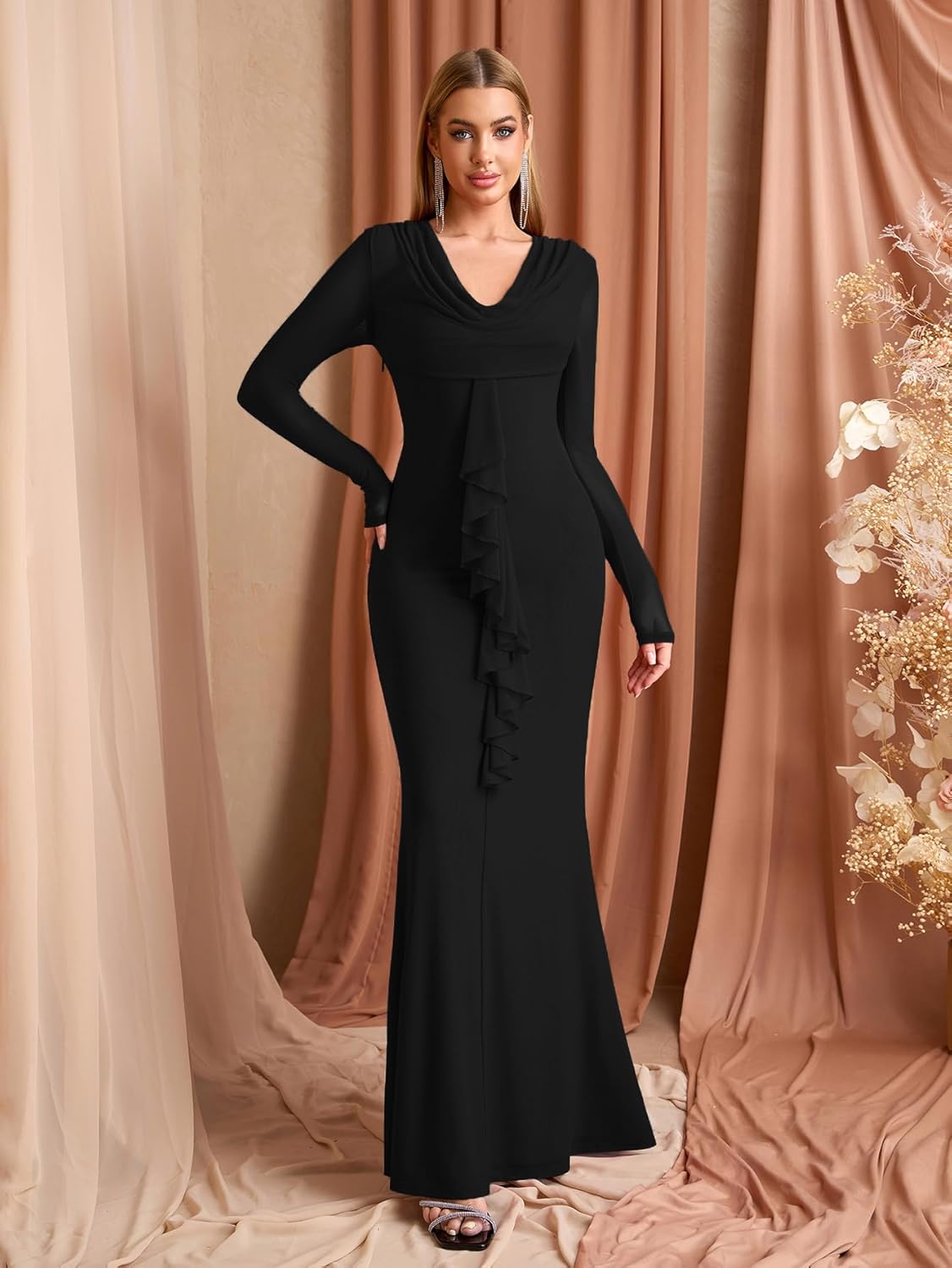 EYNMIN Long Sleeve Maxi Dress V Neck Ruffle Bodycon Mesh Elegant Formal Wedding Guest Dresses for Women 2025 Fall - Image 4