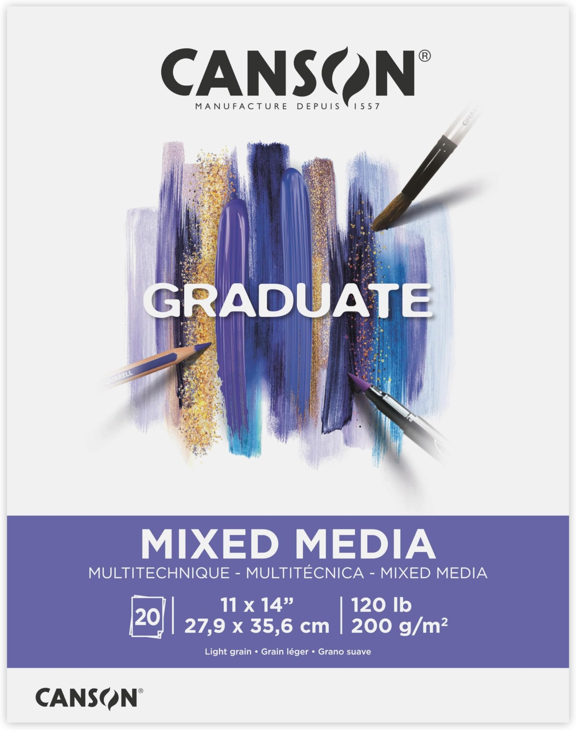 Canson Graduate Mixed Media Pad, Foldover, 11x14 inch, 20 Sheets | Artist Paper for Adults and Students - Watercolors, Mixed Media, Markers and Art Journaling