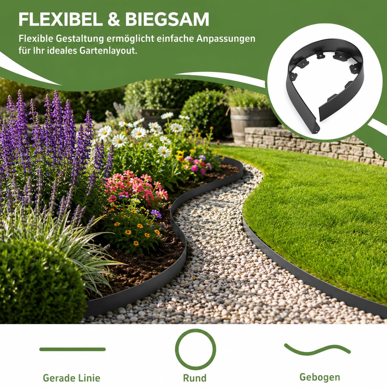 Rasenkante 10 m aus Kunststoff – Flexible Beeteinfassung & Gartenkante mit 35 Erdspießen, 5 cm hoch, schwarz – Für Beetumrandung, Mähkante, Rasenkante & Beetabgrenzung – Ohne Graben