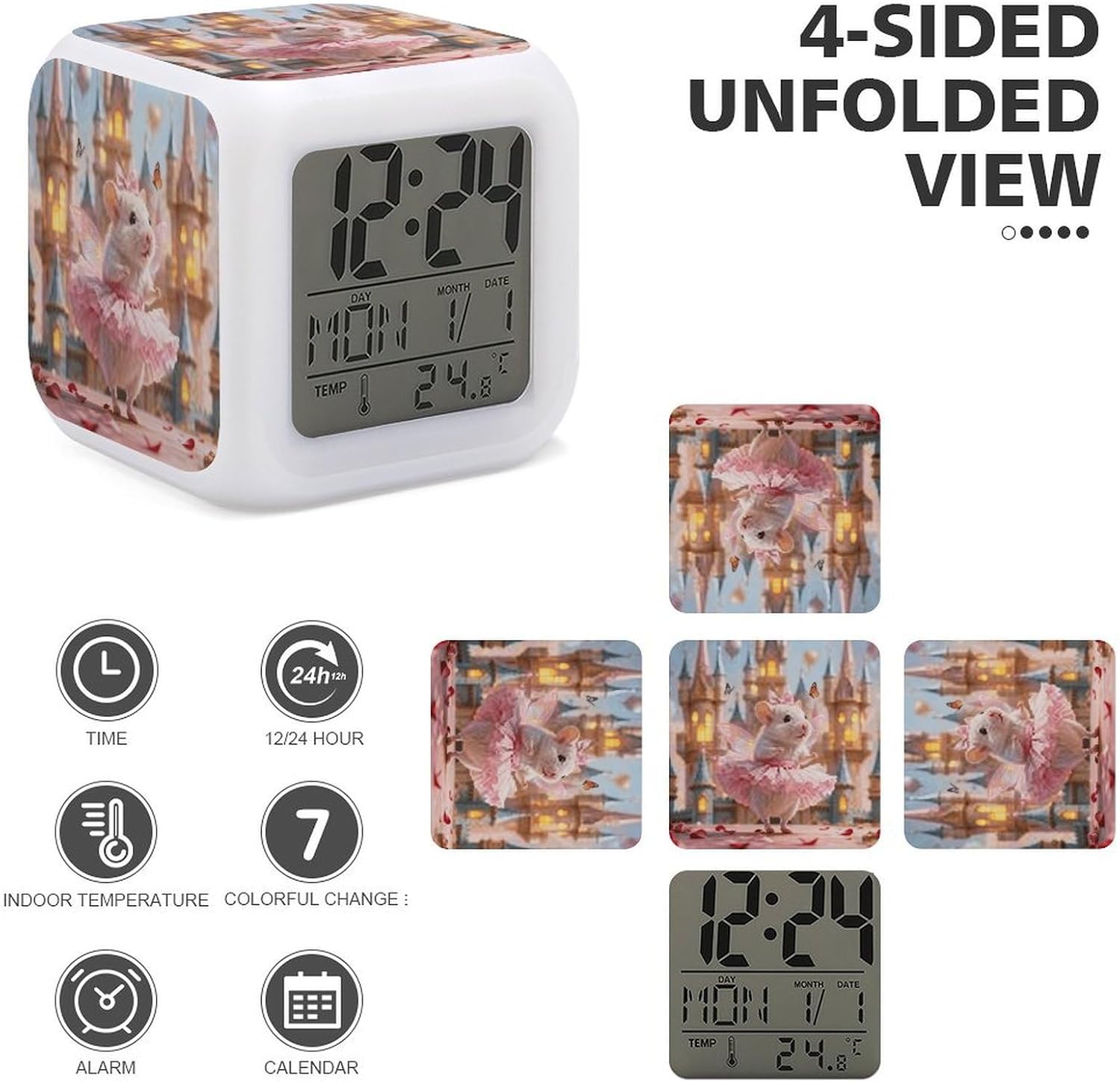 Night Light Alarm Clock, 7 Color Changing, Pink Hamster image 4