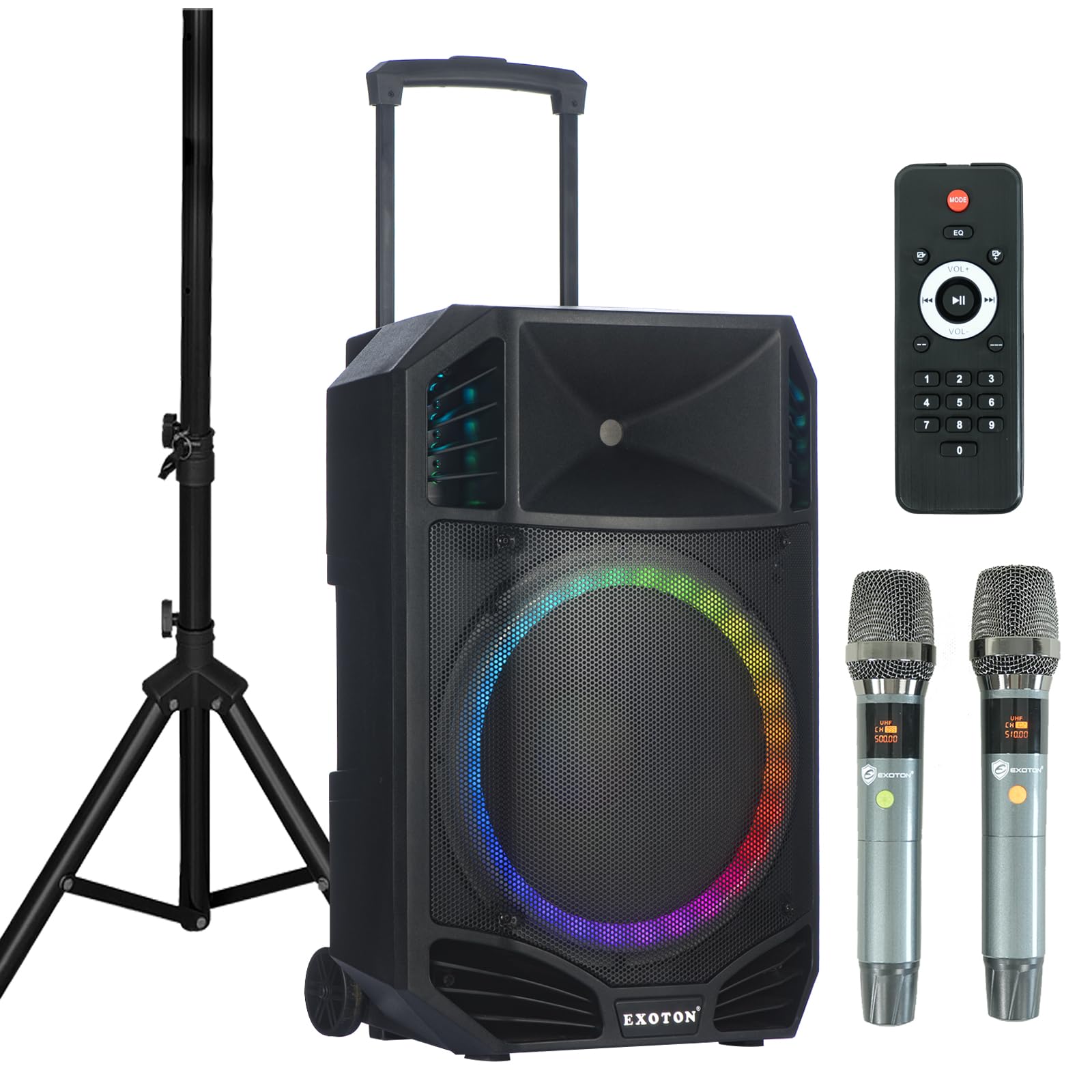 EXOTON S-1501 15 Inch Portable Rechargeable PA Speaker - 1600W, Bluetooth, TWS, USB/RCA, 2 UHF Mics, Remote, 7-Color Lights, DSP with 4 Scene Presets, 5-Band EQ
