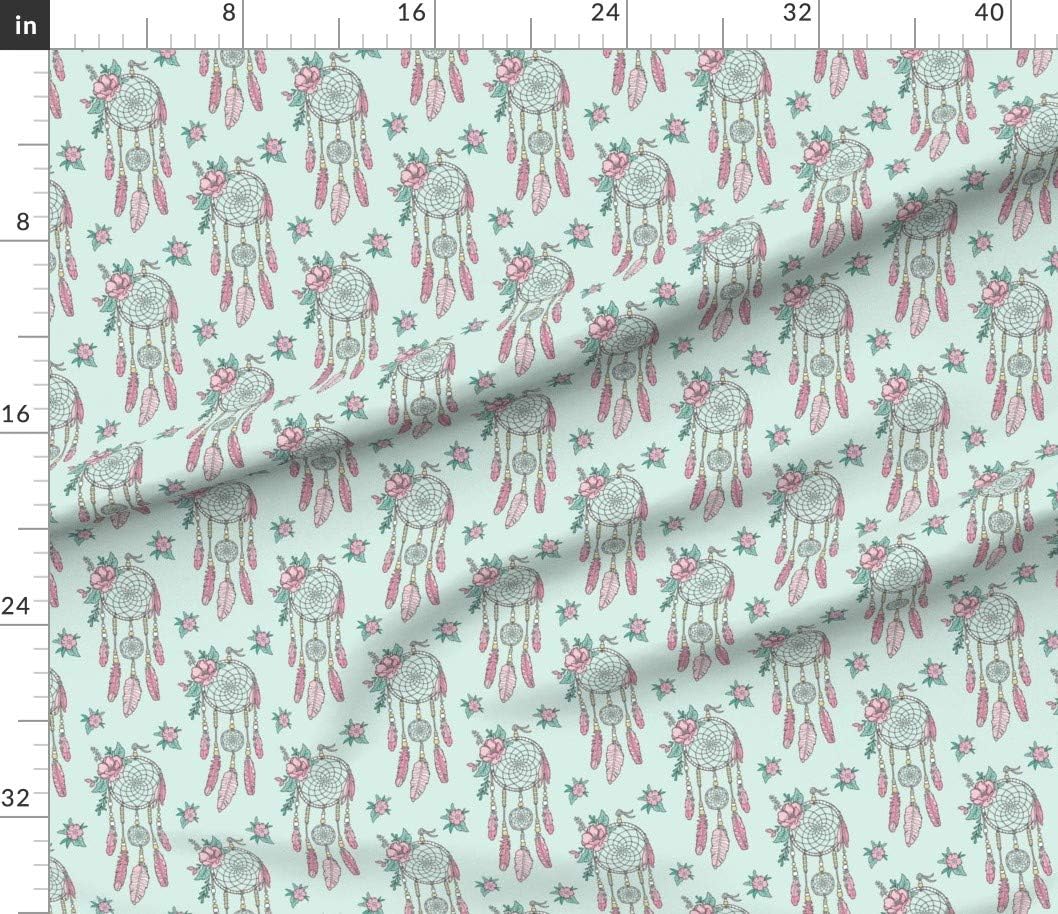 Spoonflower Fabric - Boho Dream Catcher Flowers Feathers Pink Mint Dreamcatcher Bohemian Printed on Petal Signature Cotton Fabric Fat Quarter - Sewing Quilting Apparel Crafts Decor