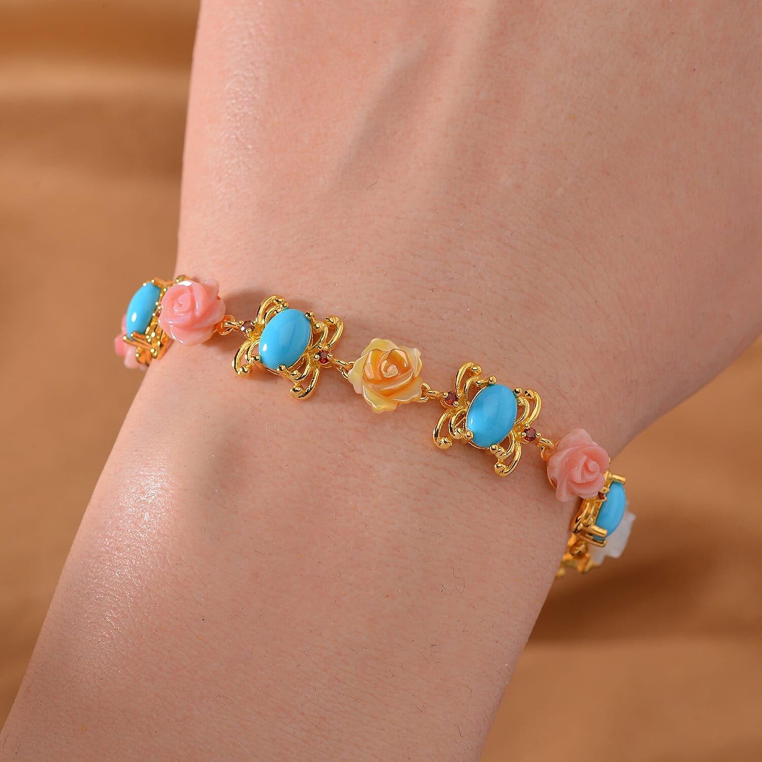 SHOP LC DELIVERING JOY Sleeping Beauty Turquoise Multi Color Mother Of Pearl Carved and Garnet 5.65 ctw Floral Bracelet in Vermeil Yellow Gold Over Sterling Silver 7.50 In Christmas Gifts