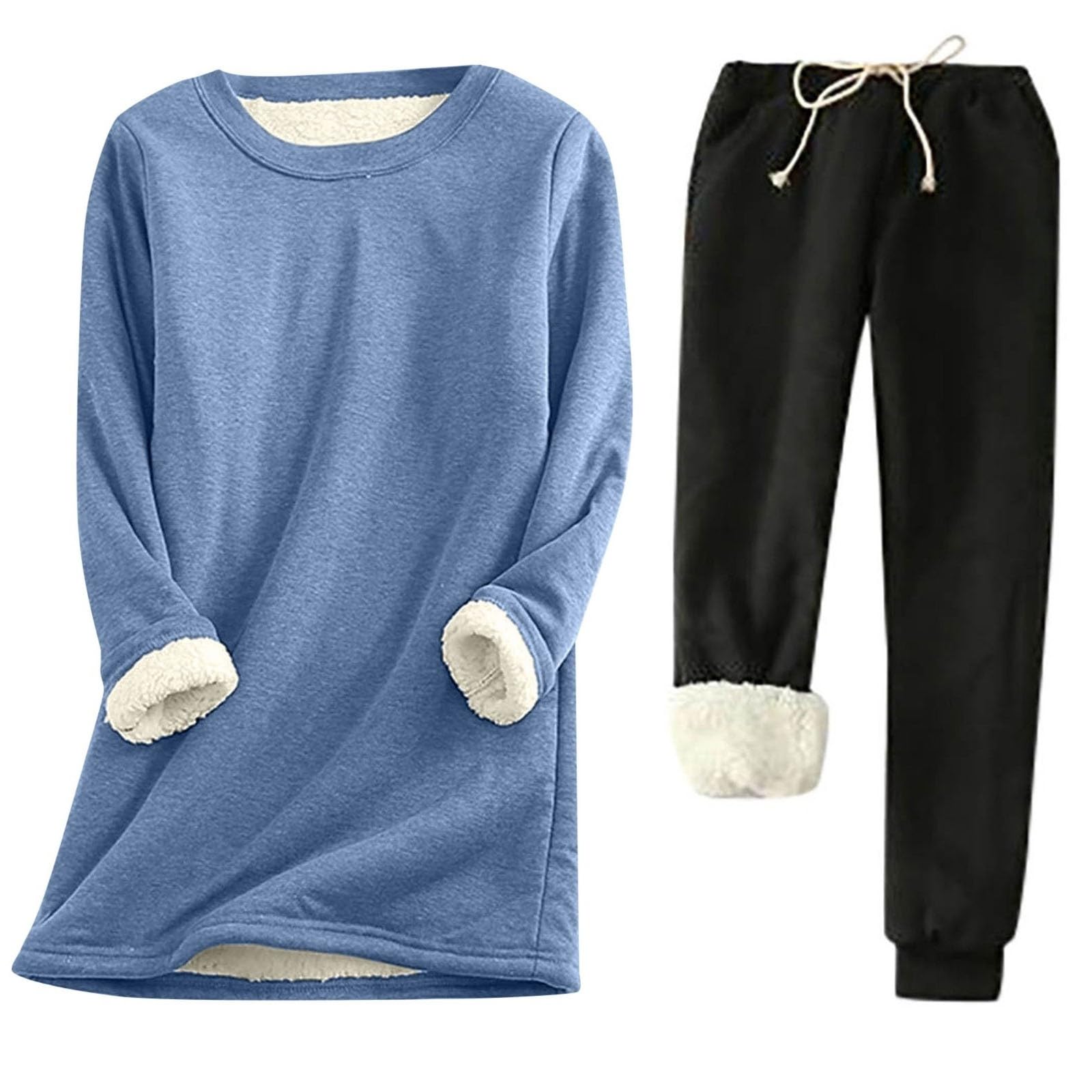 Pantaloni Termici Invernali a Maniche Lunghe e Pantaloni Comodi, Tinta Unita, Foderati in Pile, Casual, Caldi, Due Pezzi