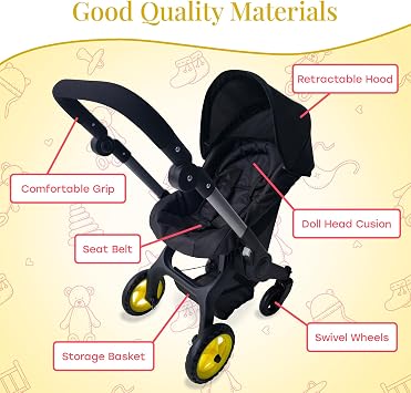Baby Doll Car Seat Stroller Combo Convertible 2 in 1 Doll Stroller and Car Seat for Kids Fits Up to 20 Dolls Play Toy Baby Stroller with Adjustable Handle for Girls Toddlers All Ages (Black)
