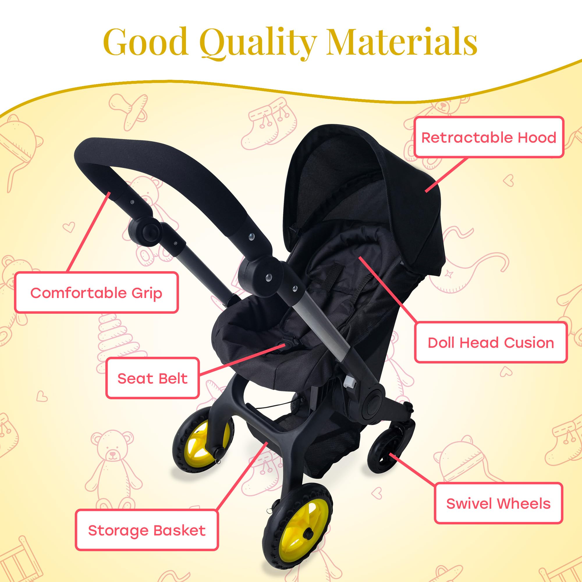 Baby Doll Car Seat Stroller Combo – Convertible 2 in 1 Doll Stroller and Car Seat for Kids – Fits Up to 20” Dolls – Play Toy Baby Stroller with Adjustable