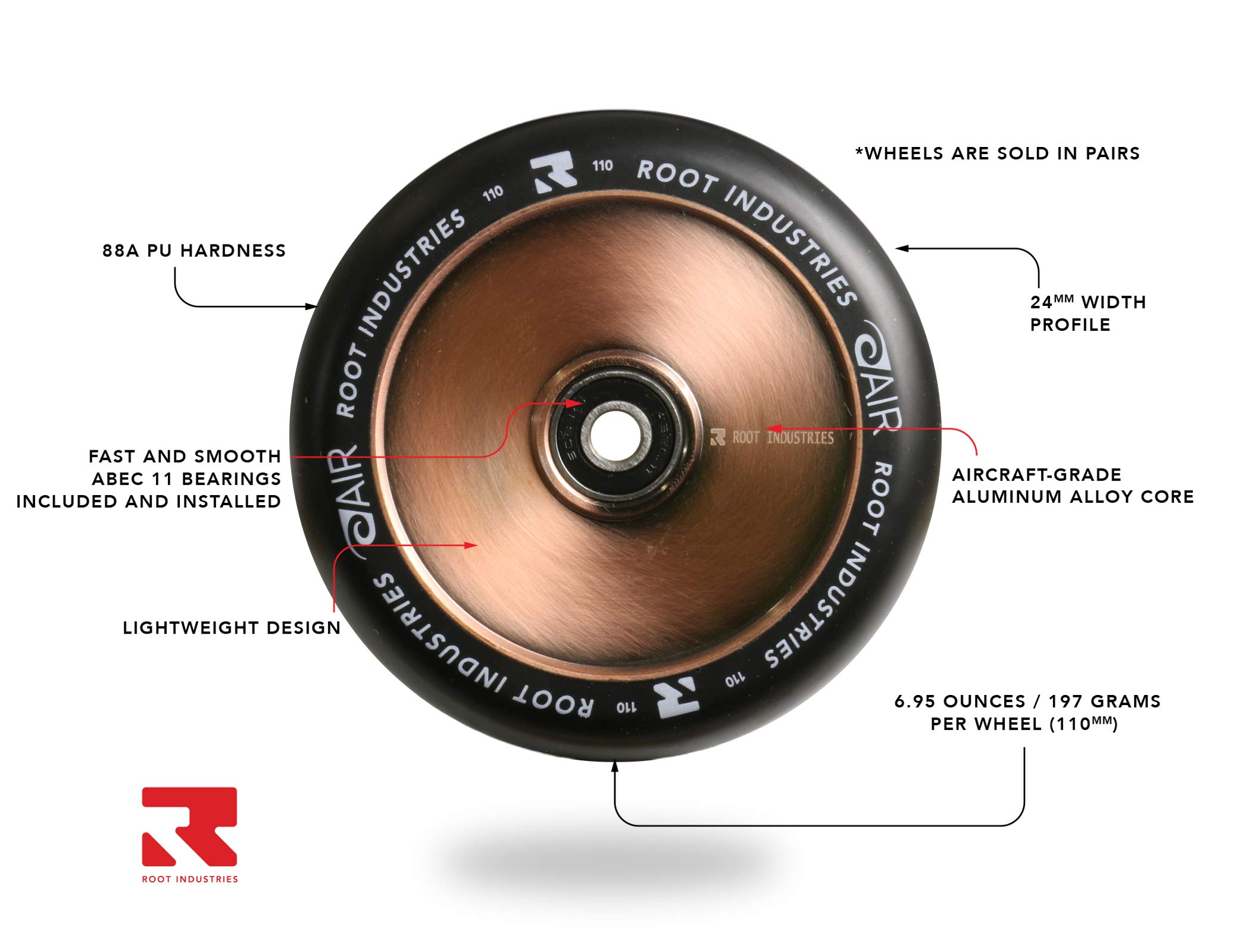 ROOT INDUSTRIES AIR Wheels 110mm - 120mm Pro Scooter Wheels Pair - Fits Most Setups - 24mm x 110mm - 120mm - Bearings Installed - 90 Day Warranty - Scooter Wheels (Black/Copper, 110)