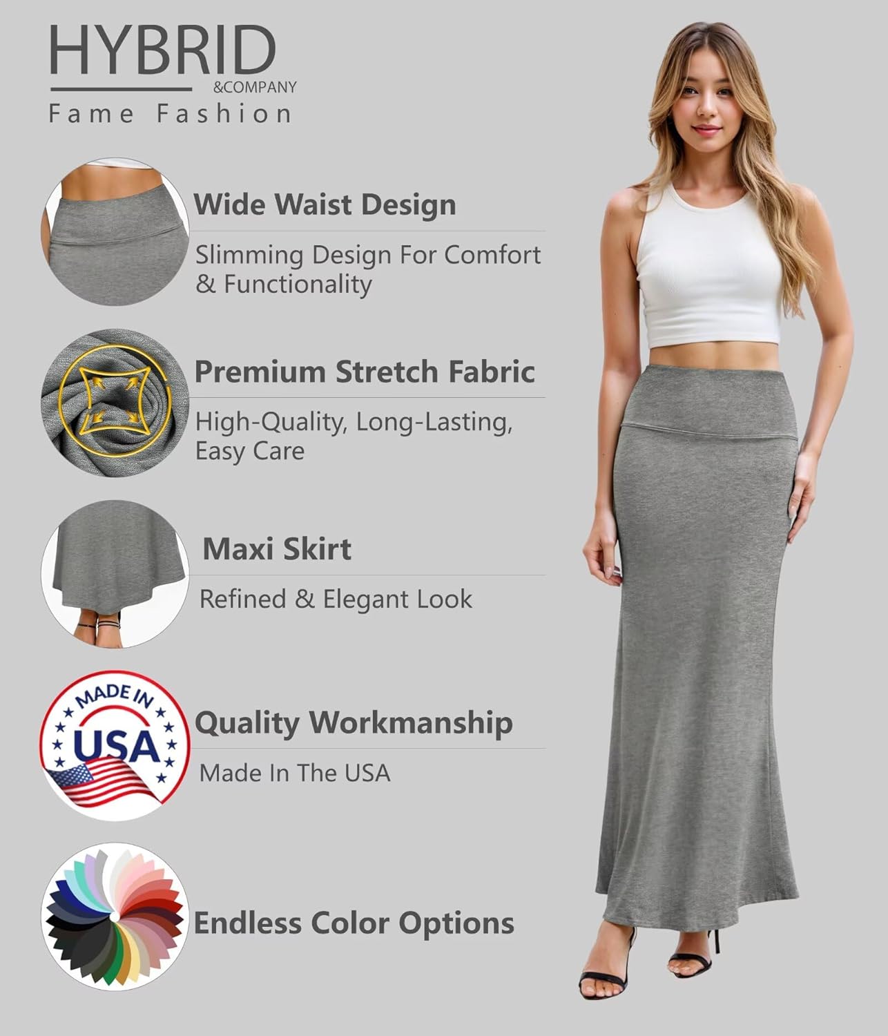 Hybrid & Company Women's Stretch Lightweight Flowy Maxi Skirt – Casual Fold Over Waist, Made in USA - Image 4