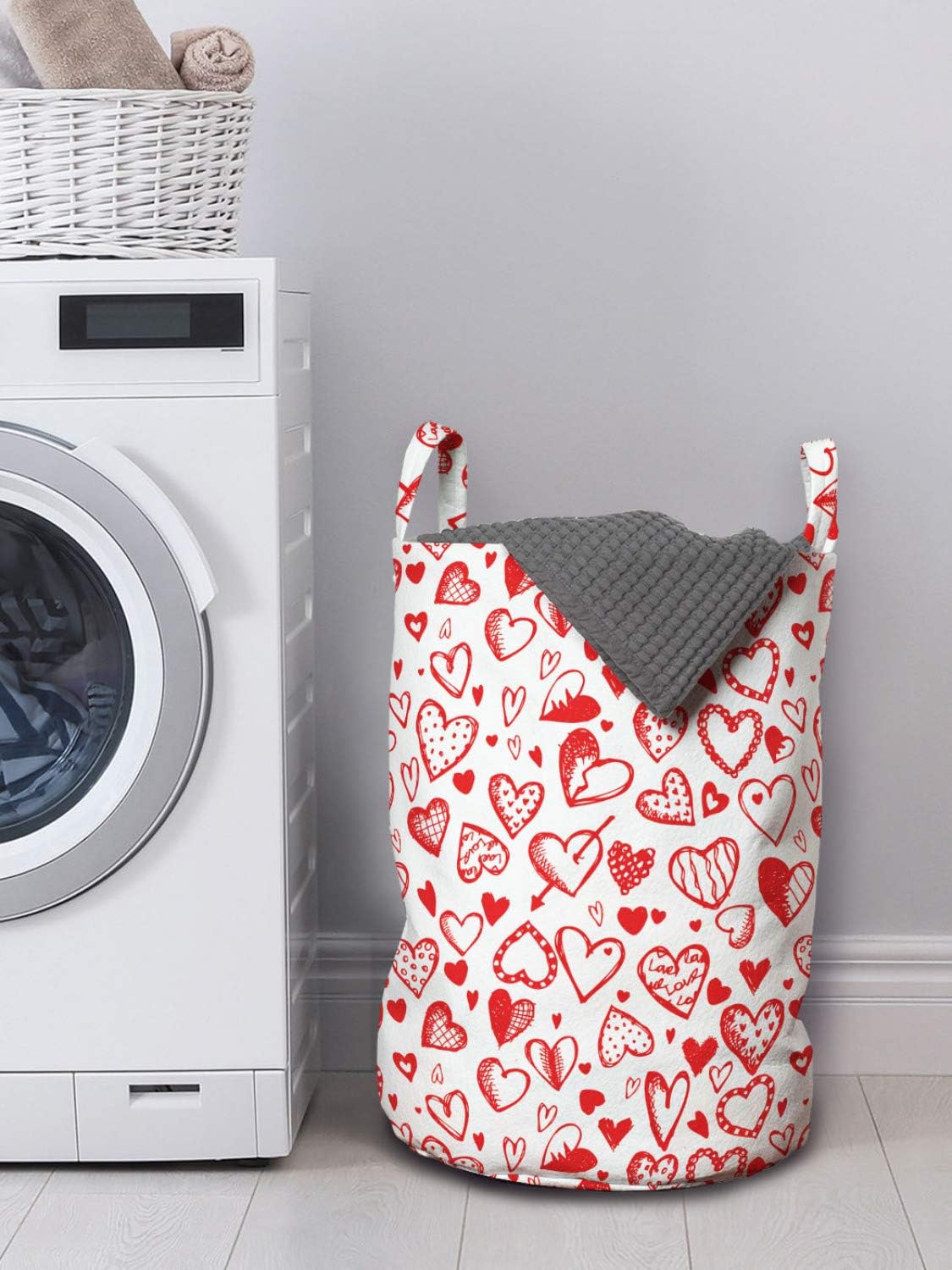 Lunarable Hearts Laundry Bag, Monochrome Valentines Day Inspired Hearts Sketch Drawing Style, Hamper Basket with Handles Drawstring Closure for Laundromats, 13" x 19", Vermilion White