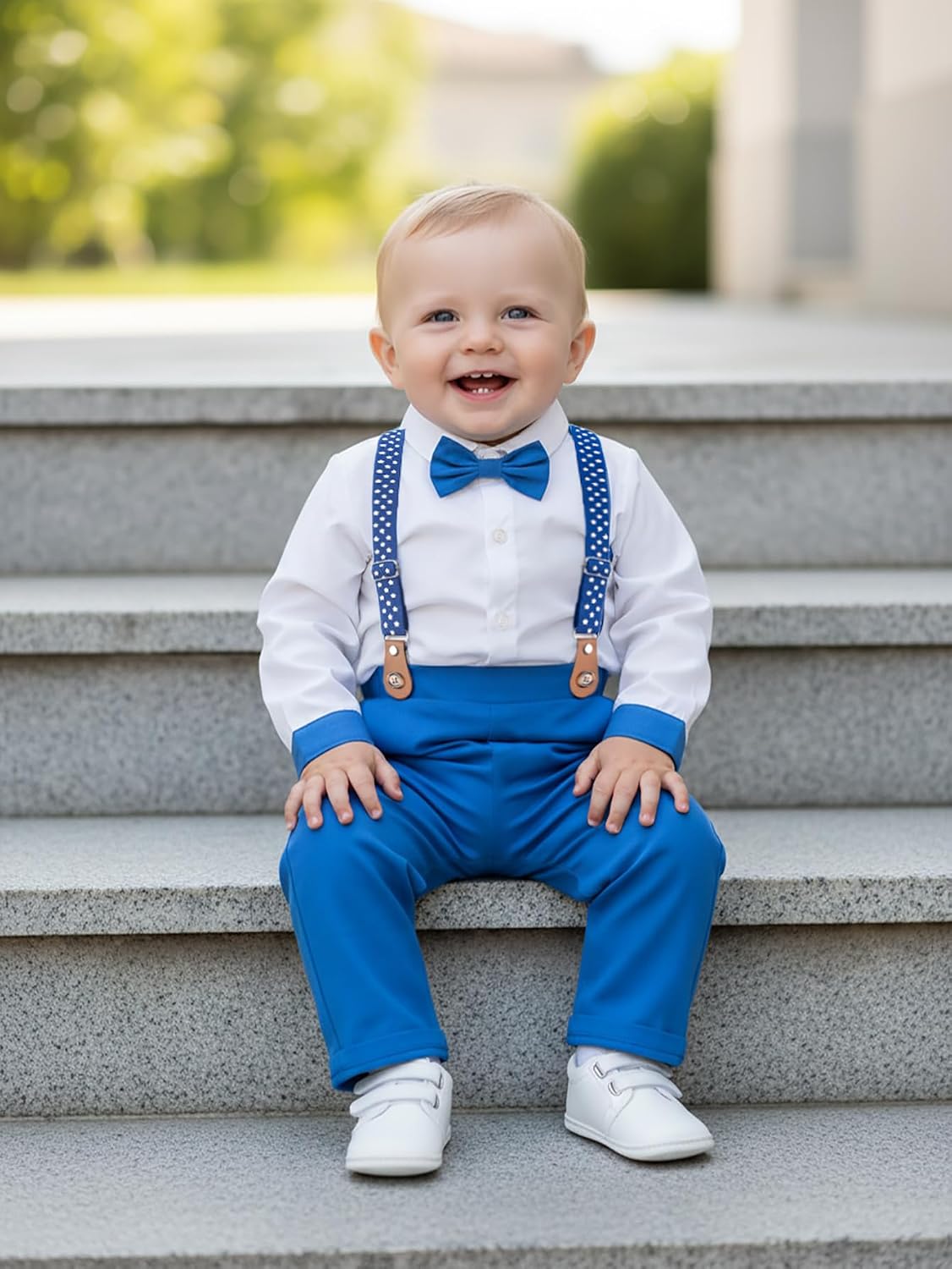 Boarnseorl Baby Boys Pants Sets, Infant Long Sleeve Shirt + Pants + Bow Tie + Suspenders Outfits