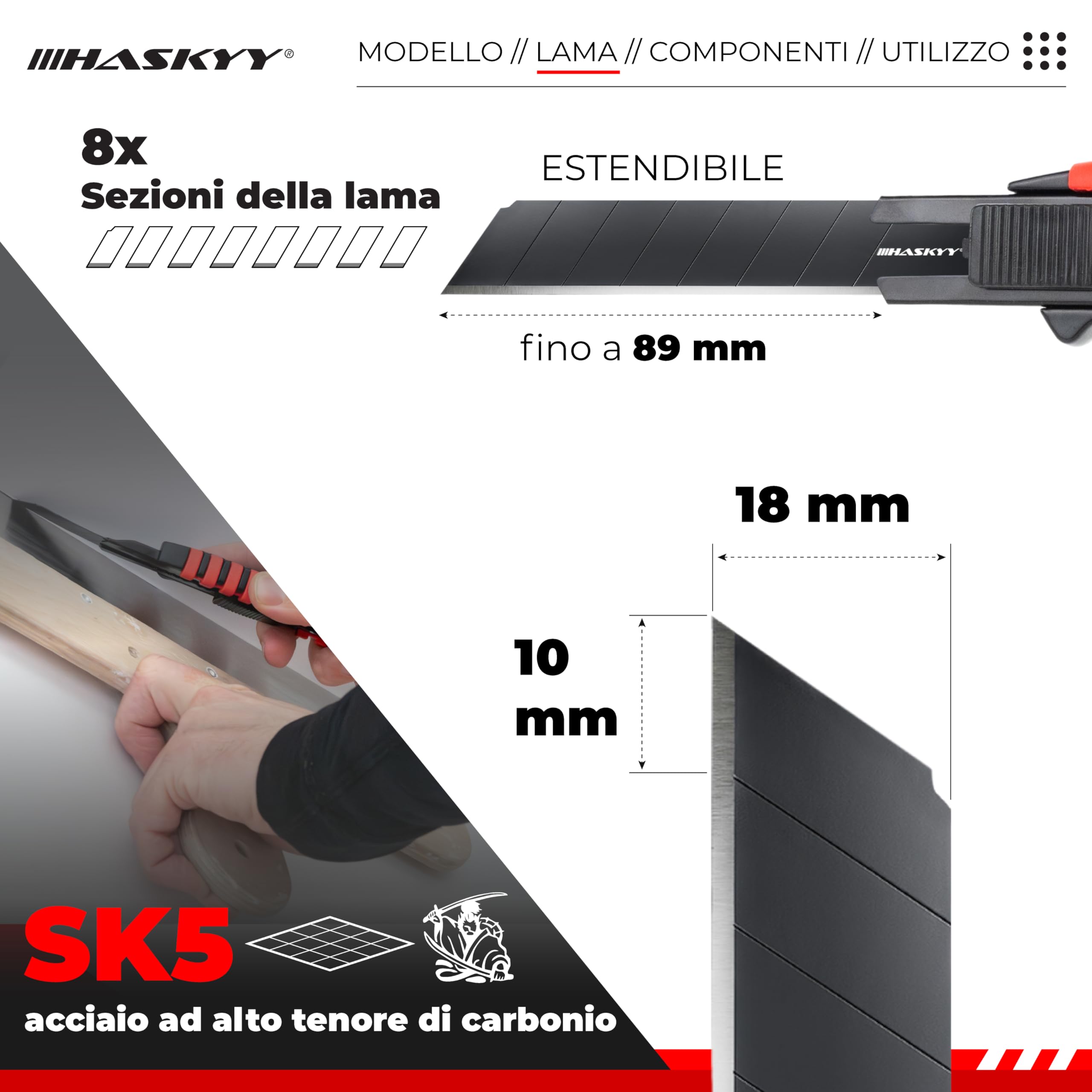 HASKYY Taglierino da Tappeto 18mm Set 5x Coltelli con Lama SK5 Ergonomico