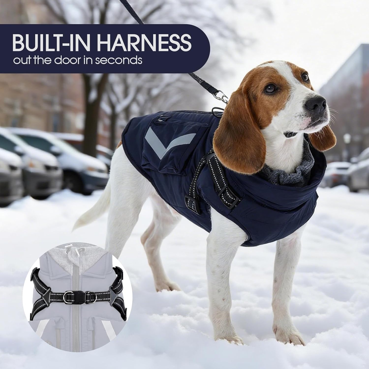 FUAMEY Reflective Dog Winter Coat, Fleece Lined Jacket for Large Dogs Back Zipper, Turtleneck Cozy Doggy Vest Thermal Clothes with Harness, Cold Weather Snow Outfits, Labrador (Dark Blue, 3XL)