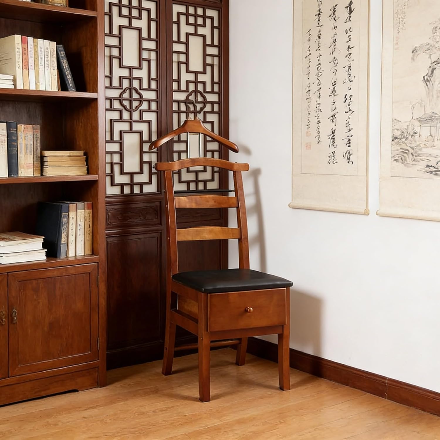 Brown Valet Stand with Office Chair Hanger with Drawer Trouser Bar and Tie & Belt Bar Freestanding Clothes Valet Stand Organizer Storage for Men and Women