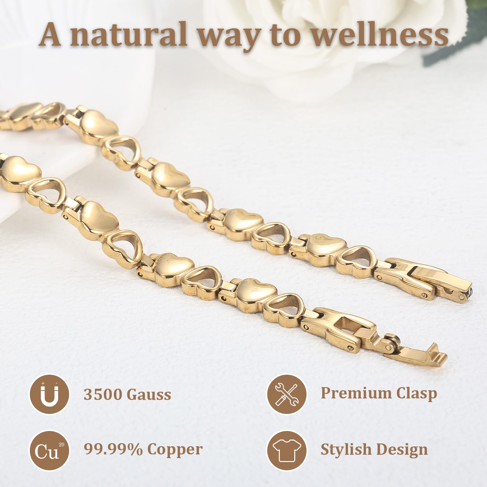 BioMag Pulseras magnéticas para mujer de acero de titanio con imanes fuertes en forma de corazón, 8.2 inches, Cobre