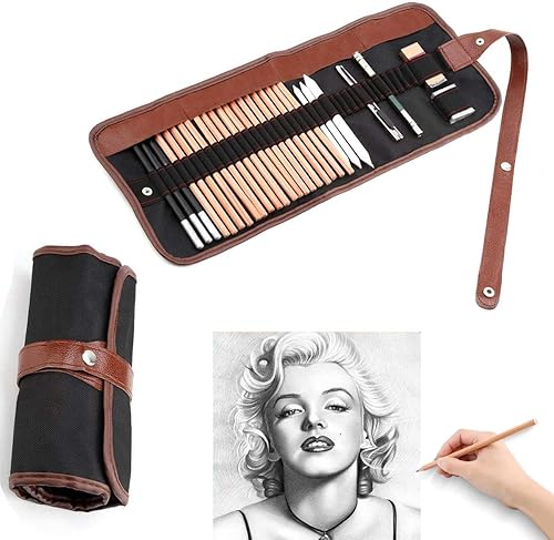 Miniatura 1 de Soosee Kit de herramientas profesionales de dibujo y dibujo de 29 piezas con lápices de grafito, lápices de carbón, bolígrafo de papel borrable,