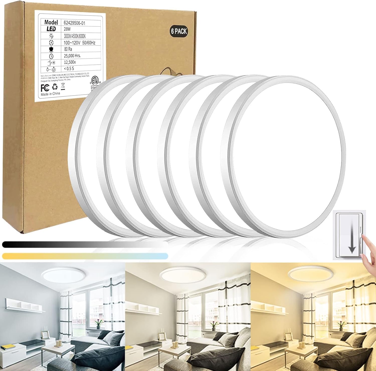 12 Inch ETL Flush Mount Ceiling Light, Dimmable Brightness, 28W 3200LM