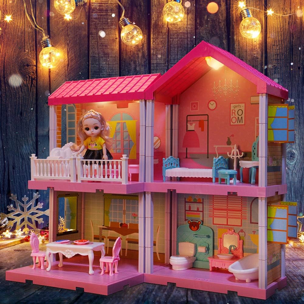 Elf Lab Dollhouse Building Toys, Princess Doll House, Playset with Lights, Furniture, Accessories and Dolls, Cottage Pretend Play House Set, DIY Creative Gift for Girls Toddlers (4 Rooms)