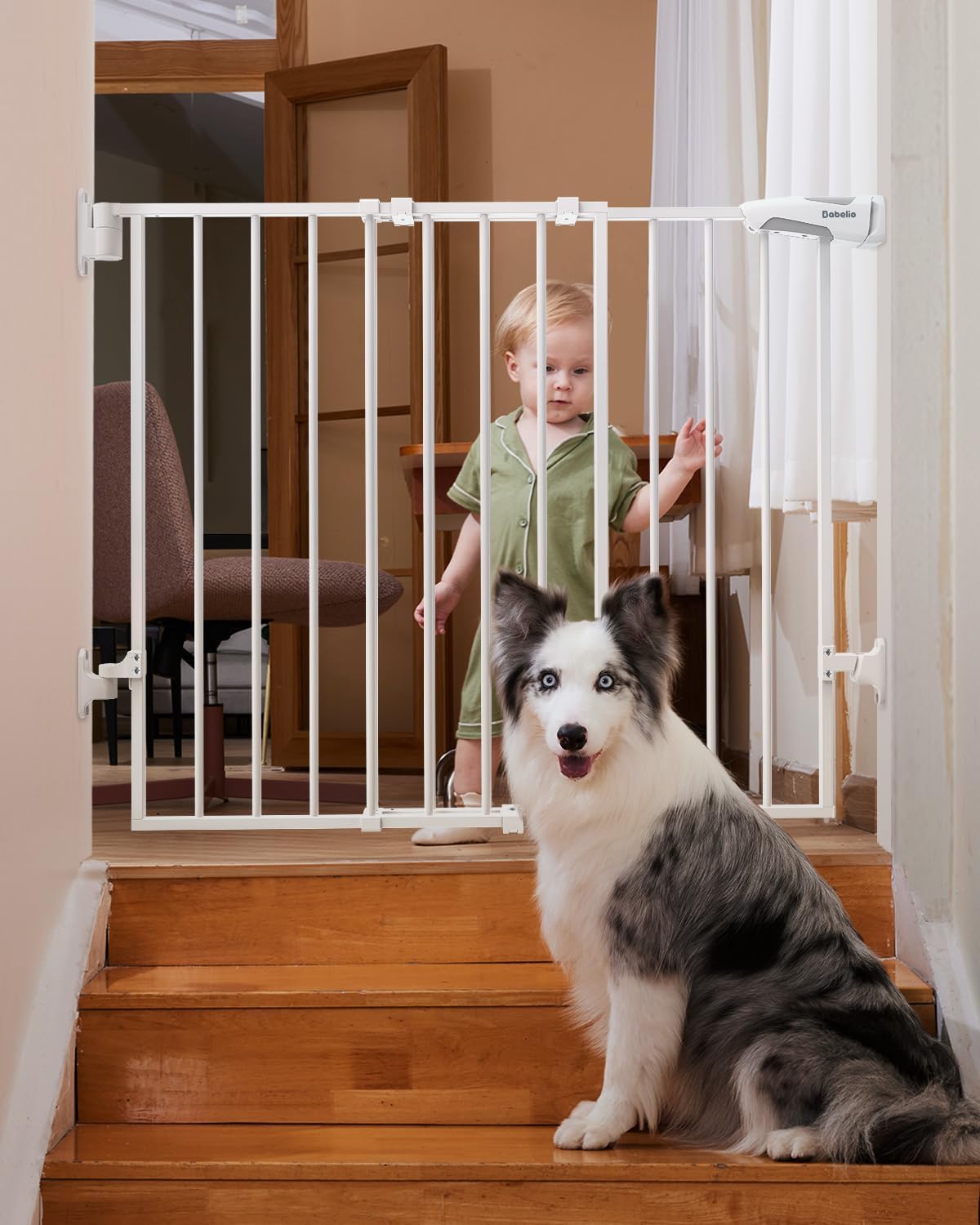 BABELIO26-43" No Bottom Bar Baby Gate for Babies, Elders and Pets, 2-in-1 Hardware Mount Dog Gate for The House, Stairs and Doorways, with Large Walk Thru Door, White