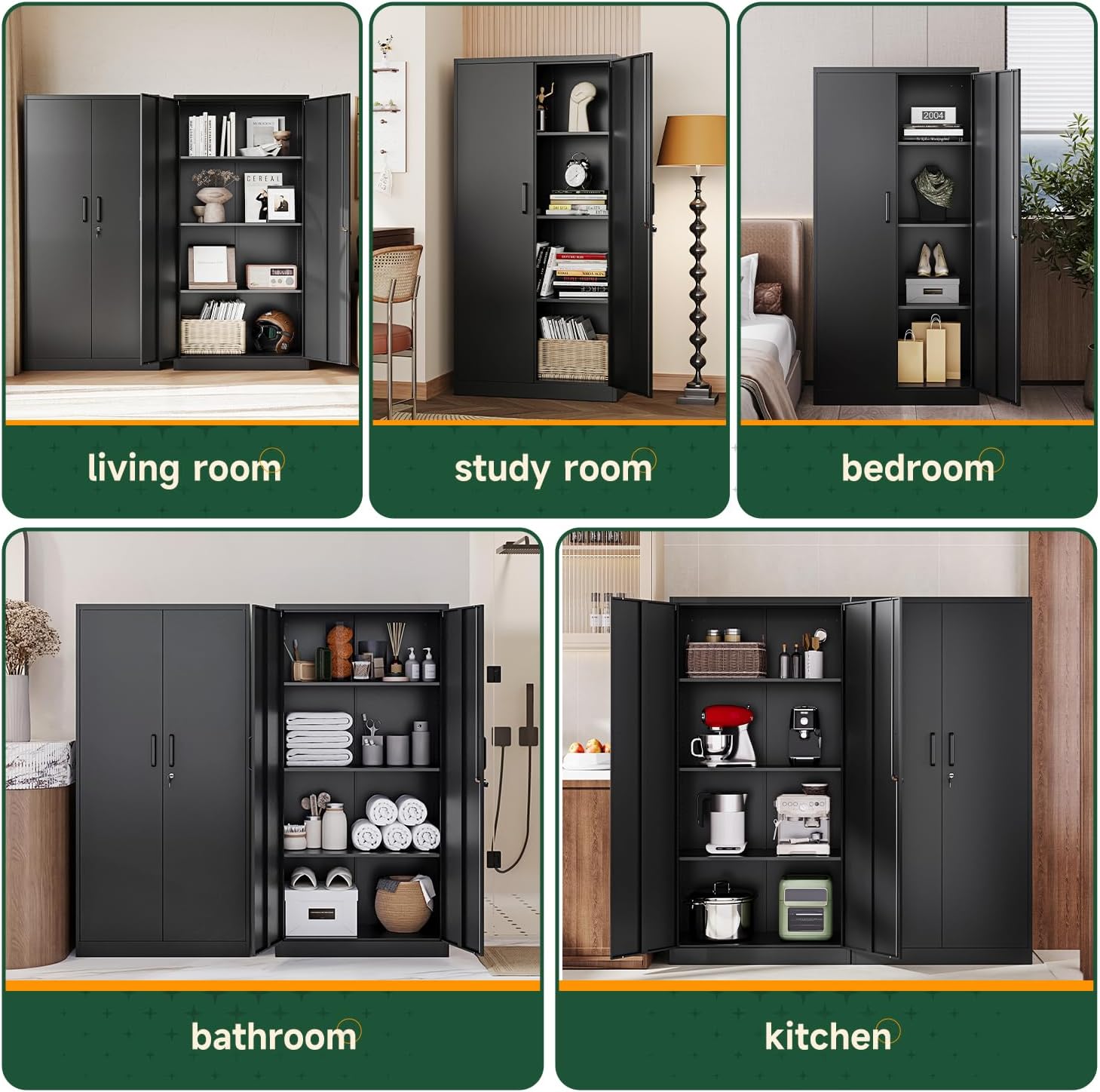 Letaya Metal Black Storage Cabinet used in various rooms: living room, study room, bedroom, bathroom, kitchen