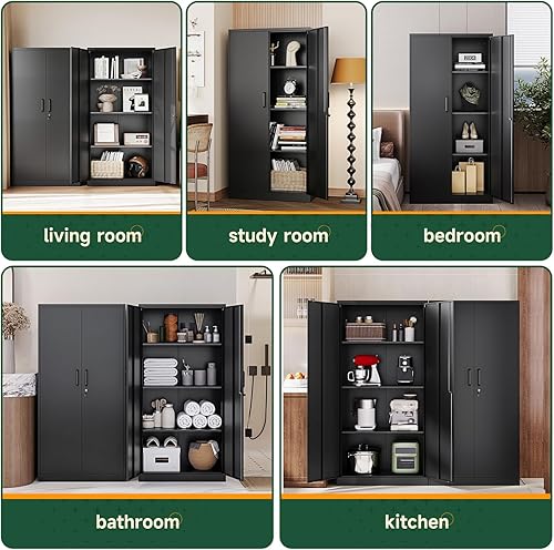 Miniatura 9 de Letaya Armario de almacenamiento de metal negro con estantes ajustables y puerta de cerradura, gabinetes de despensa de metal para el hogar,