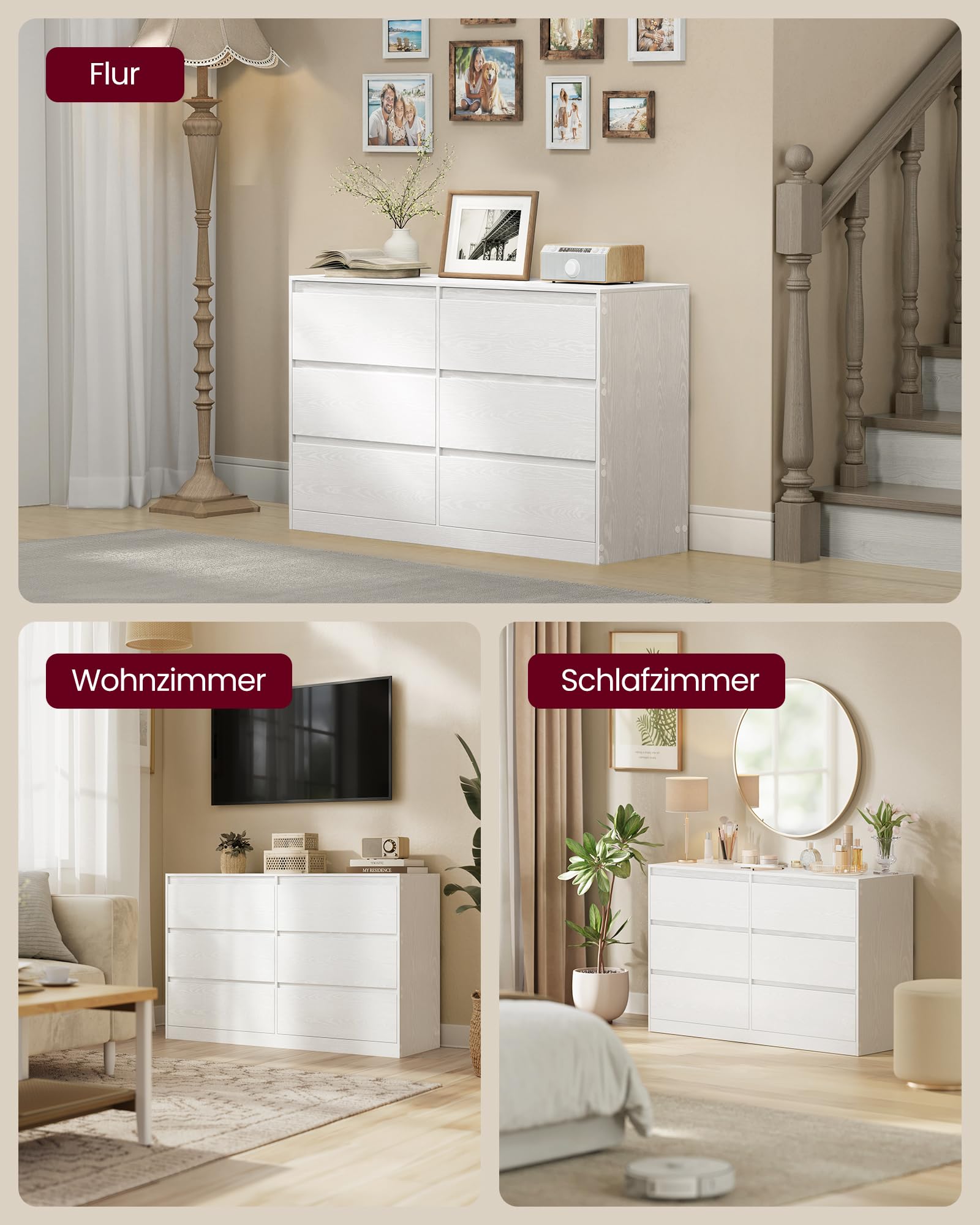 VASAGLE Kommode mit 6 Schubladen, Komodenschrank, Schubladenschrank, Wäschekommode, für Schlafzimmer, 40 x 119,4 x 75 cm, Modern Kailyn Kollektion, schneeweiß LTS616W01
