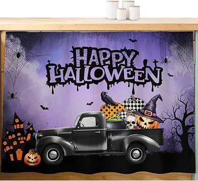 Cabinet Curtains 28"W x 35"L,Halloween Farm Truck Pumpkin Ghost Skull Crow Sink Skirt Privacy Closet Curtain Haunted Castle Purple Fog Self Adhesive Under Desk Drape for Kitchen Bathroom Laundry Room