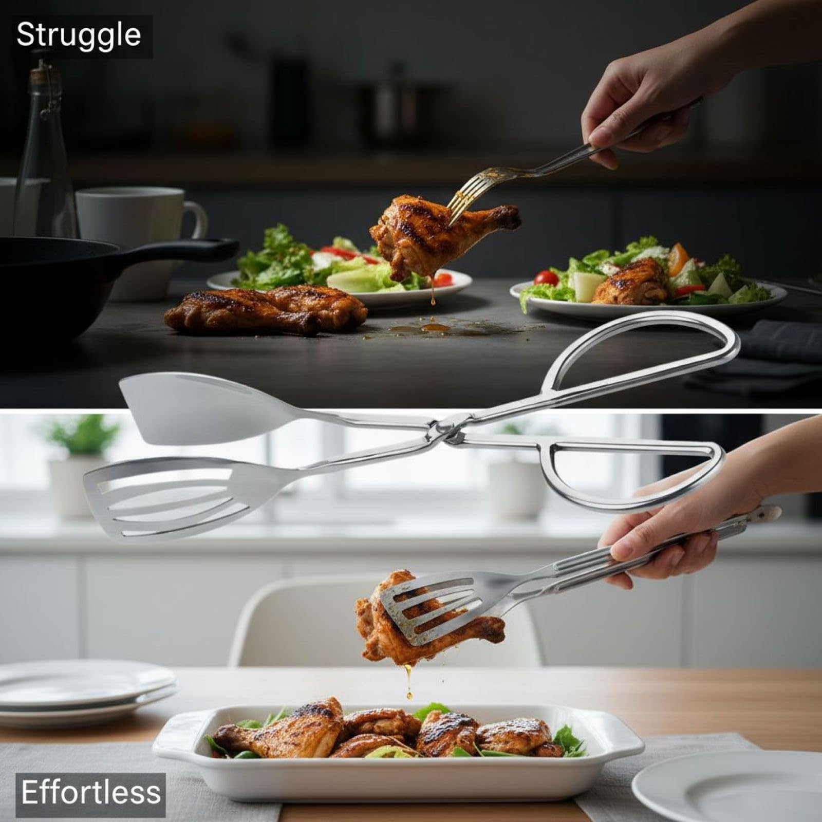 2 pinze da portata in acciaio inox per alimenti, 26 cm, manico a forbice per buffet, con testa a cucchiaio, funzionamento con una sola mano, morsetto aperto, design scanalato, pinze da cucina per uso