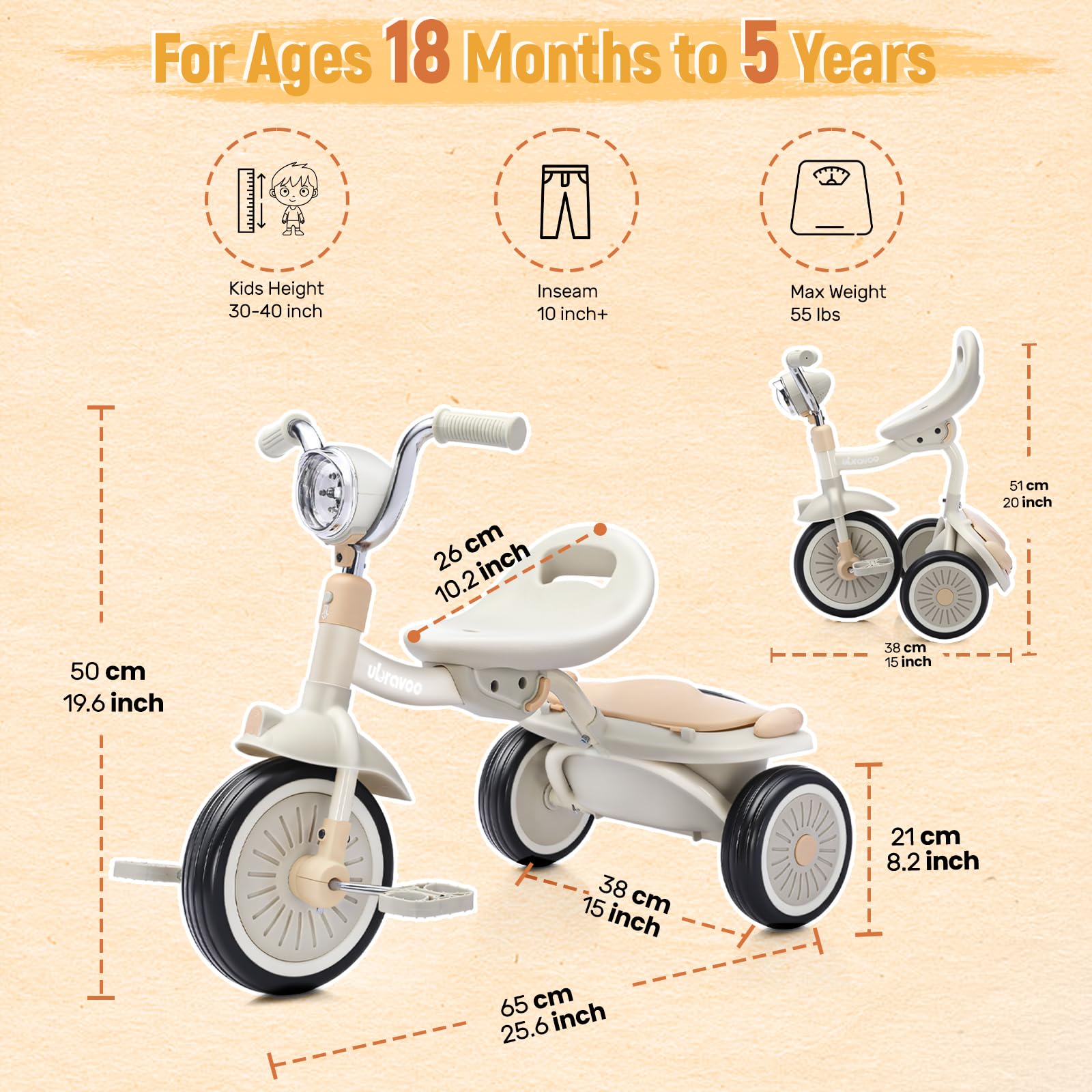 UBRAVOO Bebés Triciclo Plegable, con Pedales, Luces Geniales, Ruedas Duraderas y Asiento Cómodo, Triciclo para Niñas y Niños de 1 a 5 Años (Blanco)