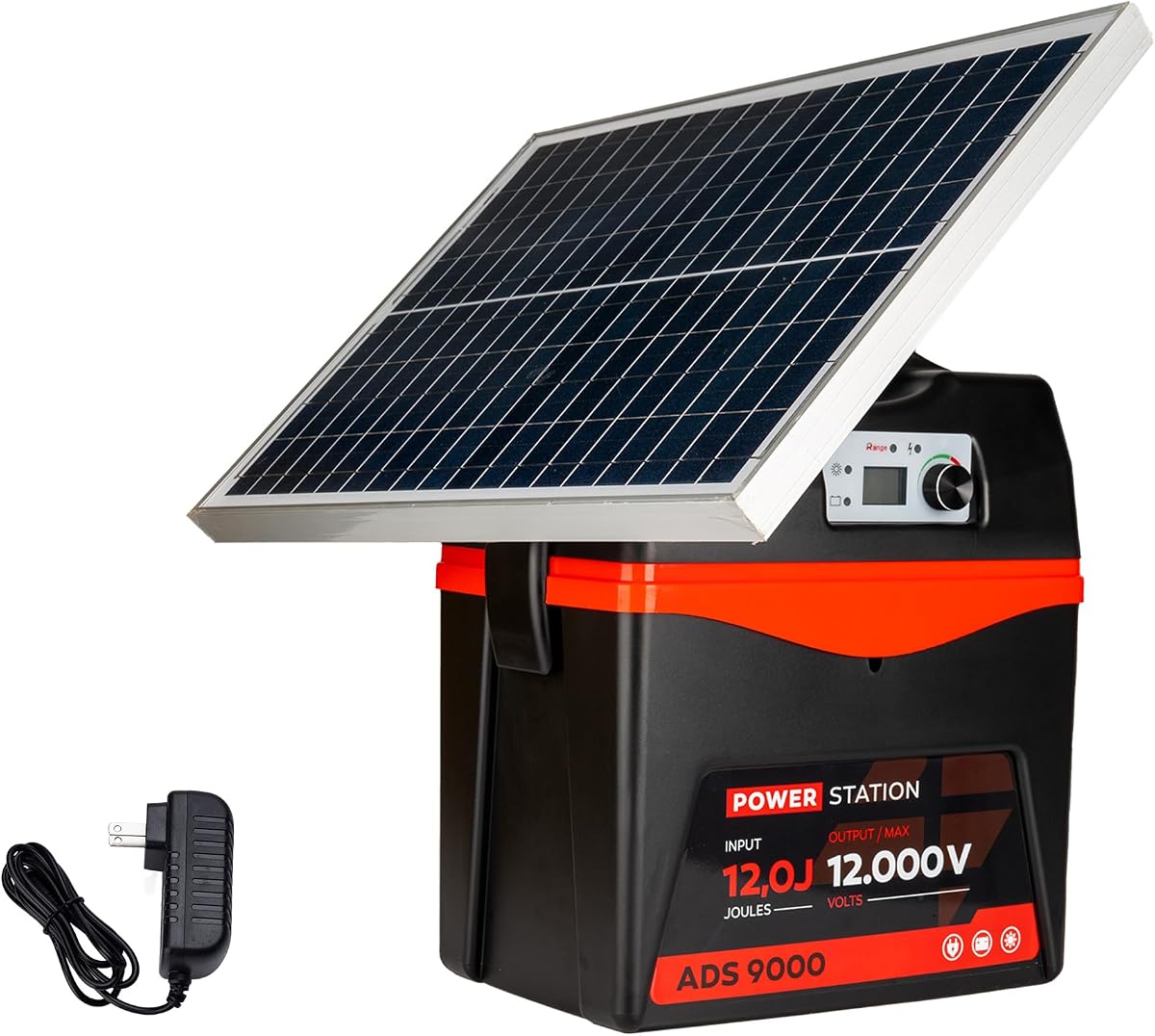 Cargador de cerca eléctrico solar Energizador de cerca de 9 julios 120 millas para ganado | Panel solar ajustable de 25 W, necesita batería de 12 V, para aves de corral, animales grandes, visualización y control de voltaje, alimentación dual de CA/batería