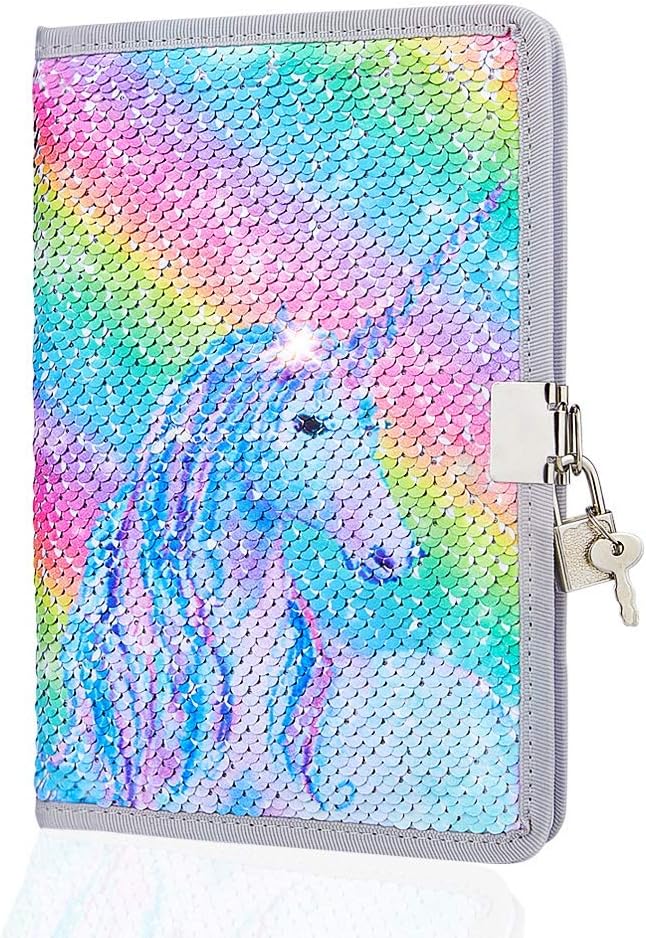 MHJY Unicorn Notebook Sequin Secret Diary with Lock,Reversible Mermaid Sequin Notebook Private Journal Magic Travel Journal Unicorn Notebook for Adults and Kids