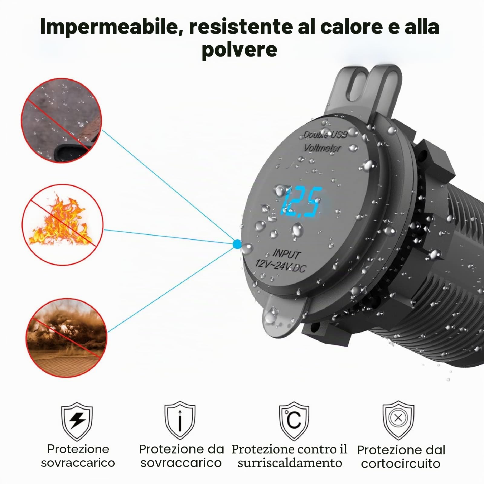 Quick Charge 3.0 Presa USB Carica per Auto con Interruttore: Qidoe Presa USB da 12 volt Impermeabile Adattatore Accendisigari con Display Voltmetro a LED Blu per Moto, Barca, Camion, Caravan