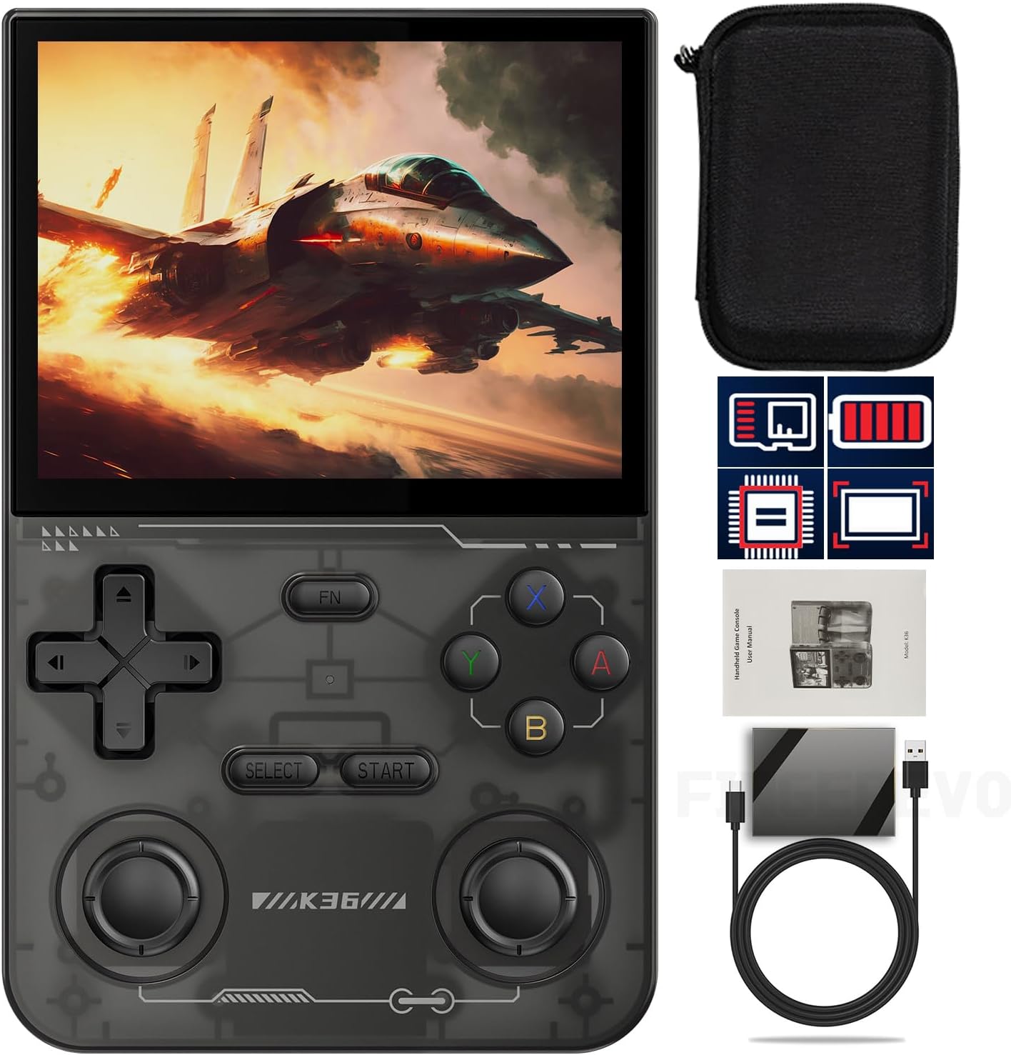 K36 3.5-in Handheld Game Console 640*480 IPS Screen 3500mAh Linux-opensource System with Portable Case Black Transparent
