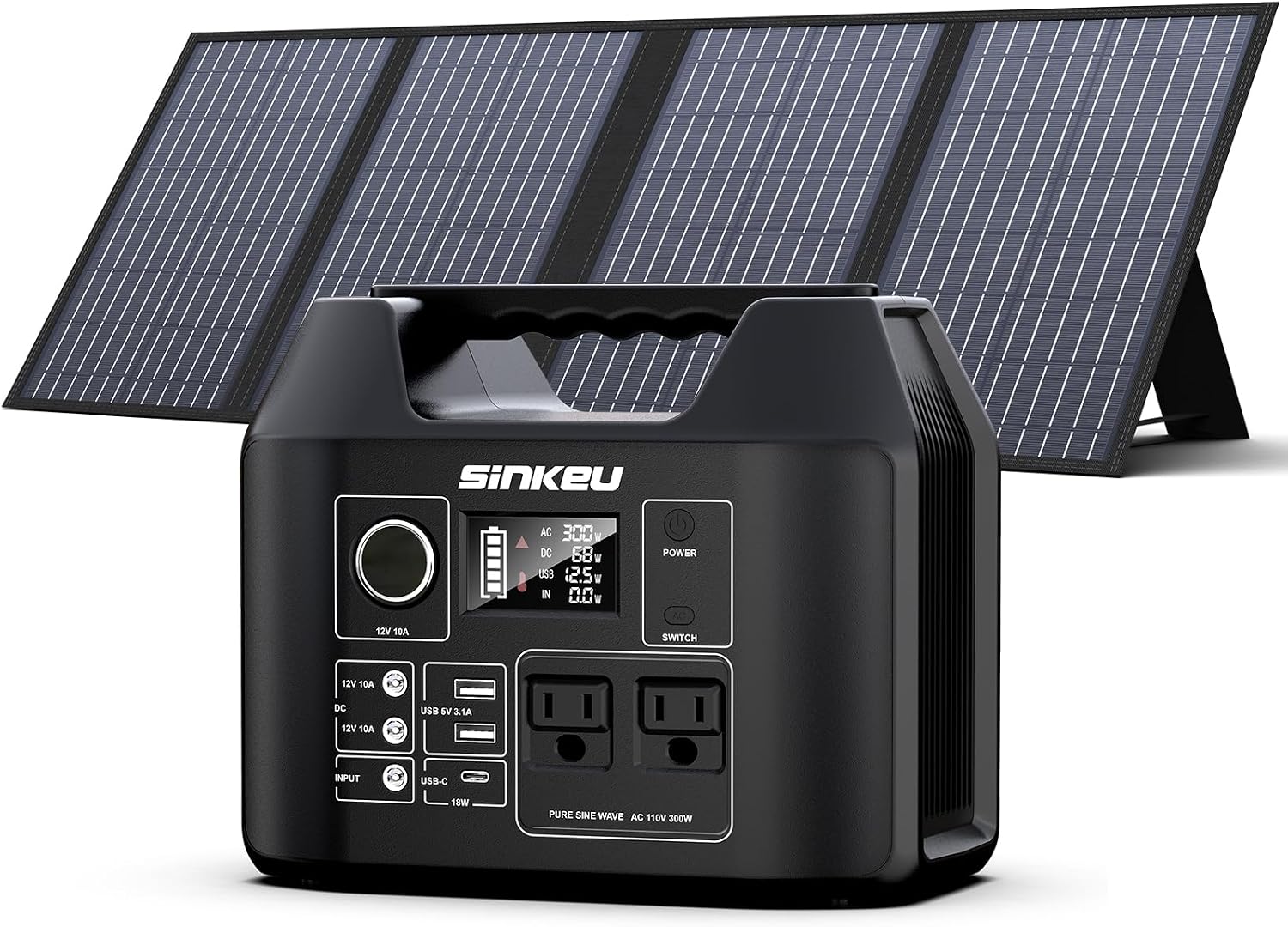 Generador solar portátil SinKeu E300, estación de energía portátil de 300 W con panel solar plegable de 60 W, batería de litio de onda sinusoidal pura de 110 V y 280 Wh para uso en casa, RV, furgoneta y camping miniatura 1