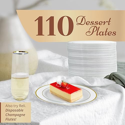 Miniatura 2 de Reli. 110 platos de postre de plástico, desechables (7.5 pulgadas, blanco con borde dorado)  Platos para fiestas, resistentes  Plato de postre