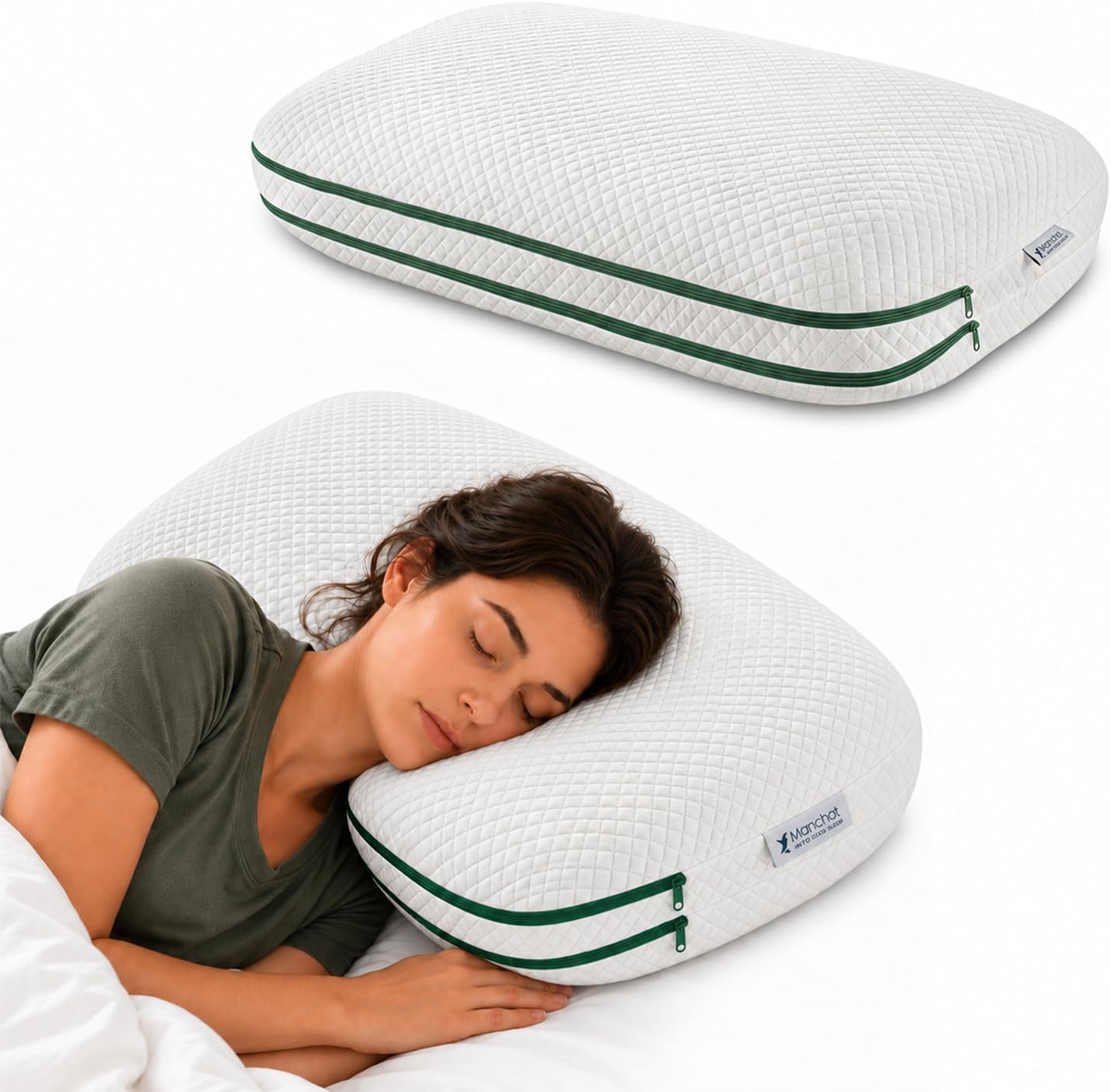Manchot Side Sleeper Pillow for Adults, Adjustable Memory Foam Pillows, Use for Neck Support and Back Sleeping, with Removable Booster, No Shredded Foam, Queen, 5/6'' Loft