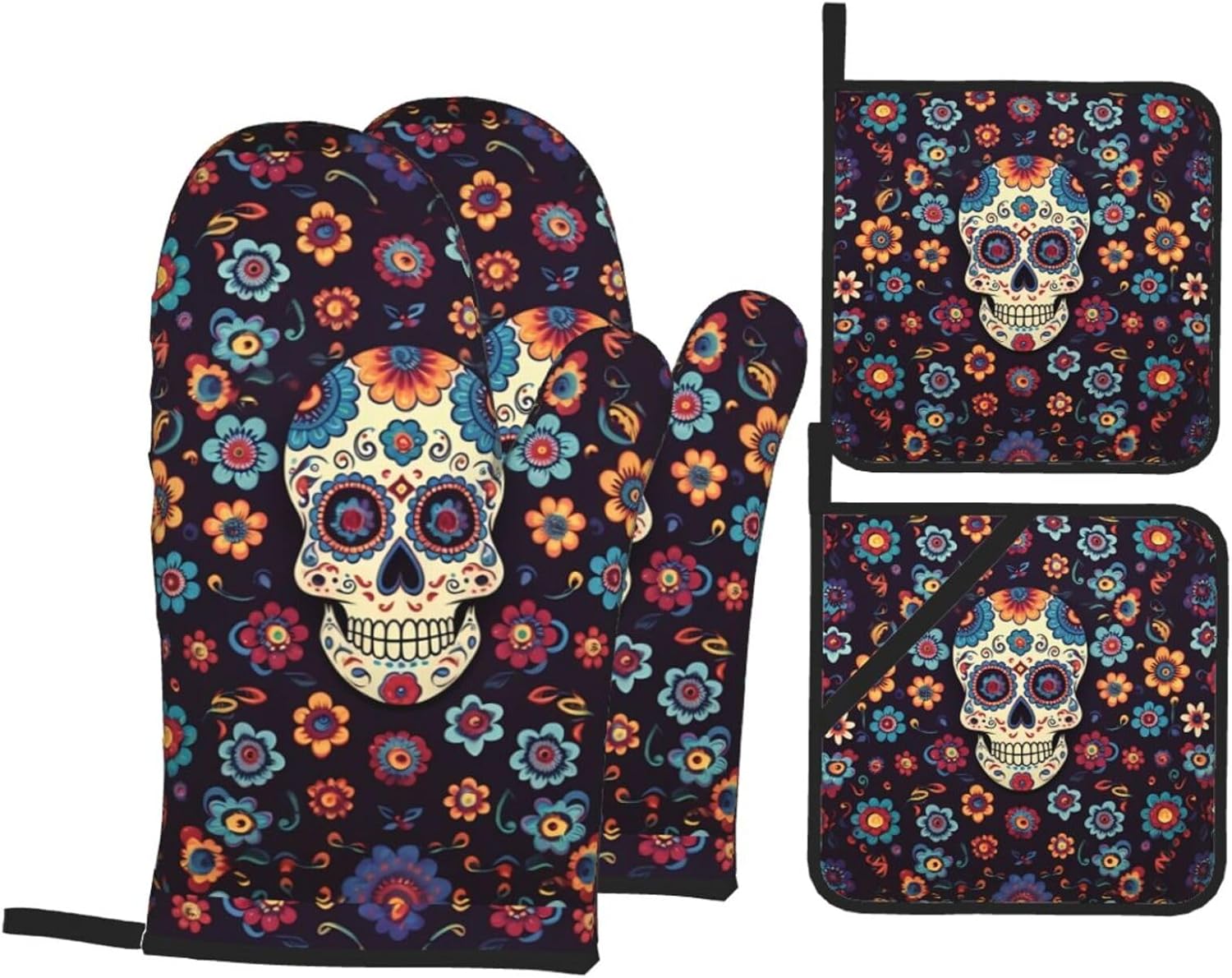 (Skulls) Baking 4-Piece Set: 2 Oven Mitts and 2 Pot Holders Heat Resistant Waterproof Hanging Loop for Kitchen Oven Grill Housewarming Gifts