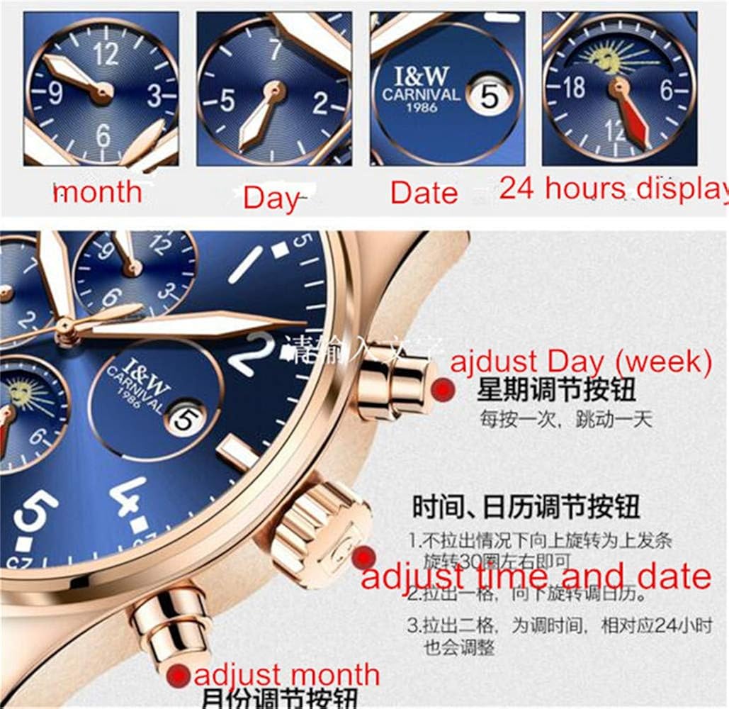 Carnival Men Automatic Watch Date Day Moon Phase Week 24hours Mechanical Watch