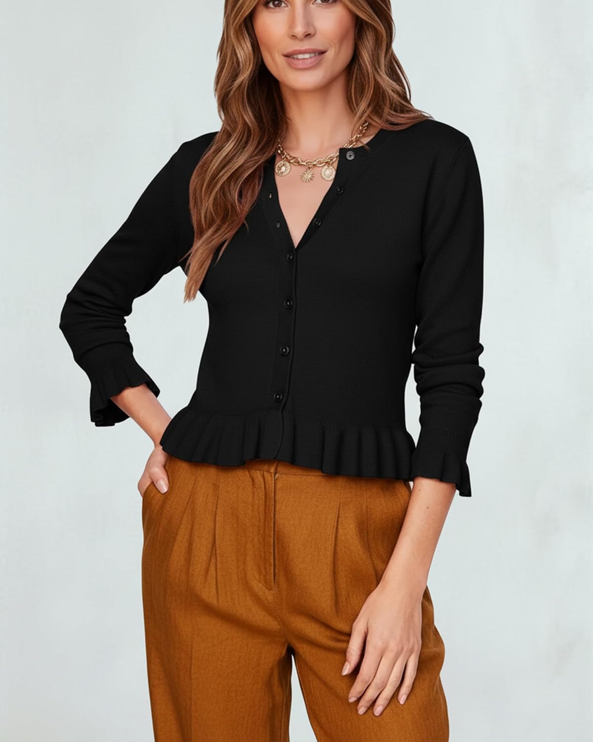 Womens Ruffle Cardigan Sweaters Fashion Long Sleeve Button Down Knit Peplum Cardigan Tops - Image 2