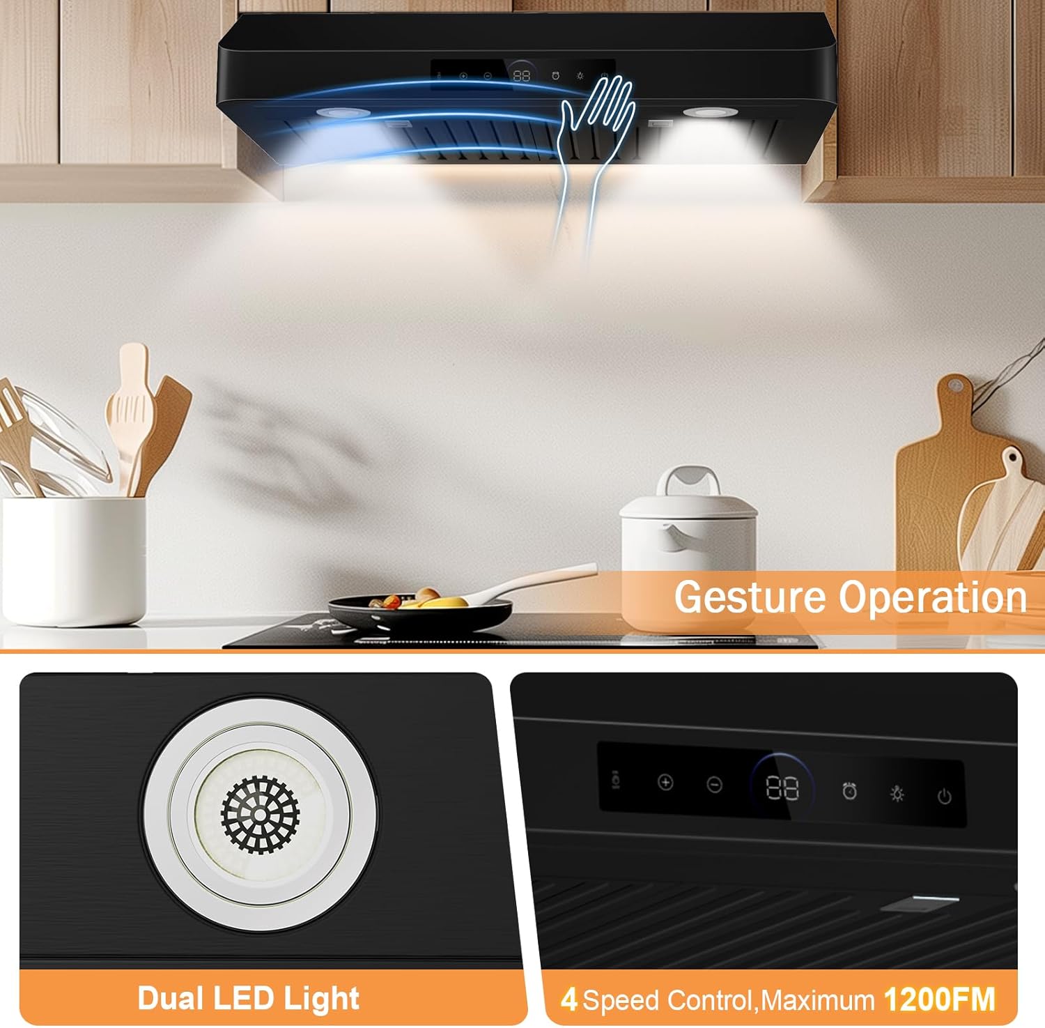 Close-up image of the range hood's control panel showing dual LED lights, a 4-speed control interface, and the gesture operation area.