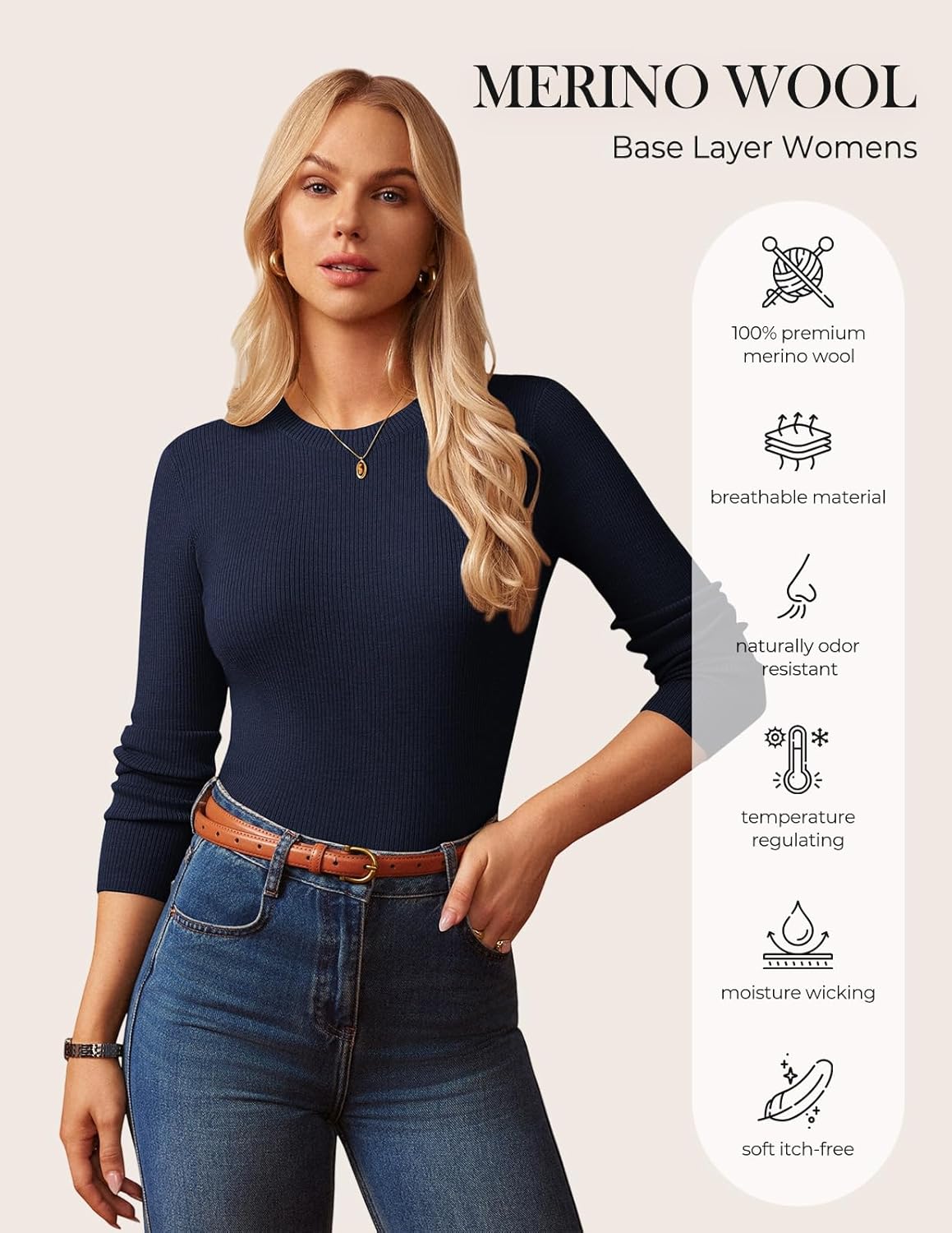 GRACE KARIN Women's 100% Merino Wool Base Layer Sweater, Fall Knit Long Sleeve Pullover Top, Casual Soft Slim Fit Shirt - Image 4